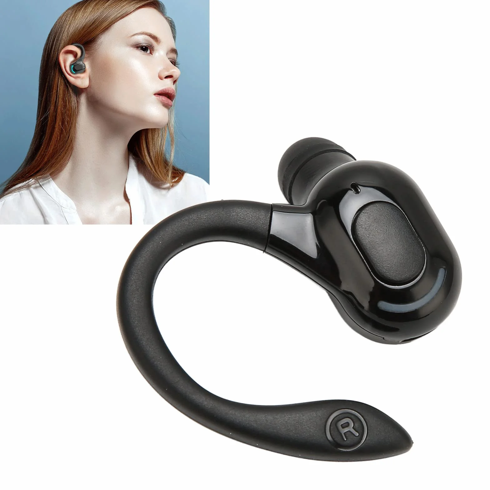 Akozon Jednouszne słuchawki BT, bezprzewodowe słuchawki douszne do biegania, jazdy, czarne, stereo, IPX4, wodoszczelne ładowanie przez USB