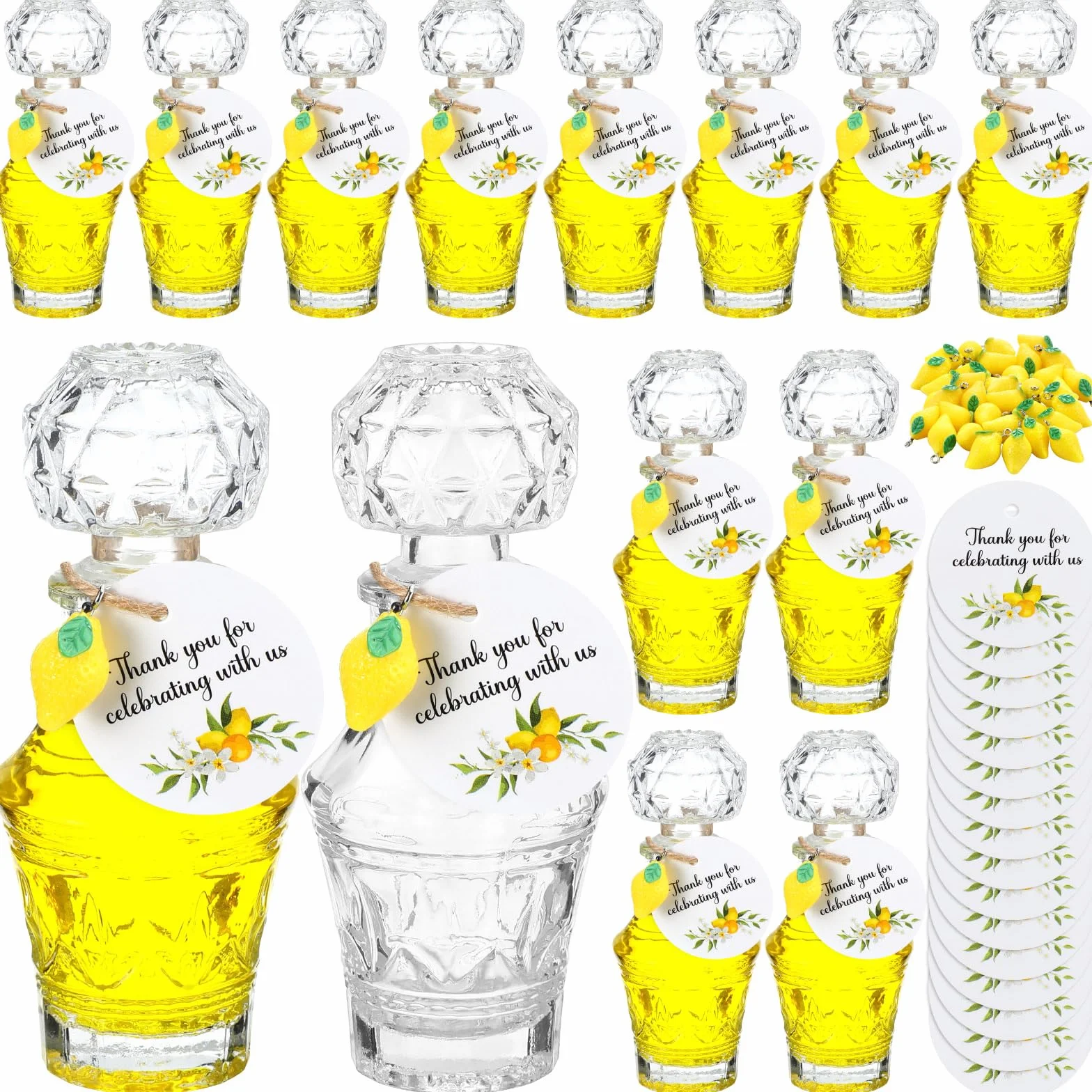 Chuangdi Lot de 16 mini bouteilles en verre Limoncello avec étiquettes - 50 ml - Pendentifs en forme de citron - Cadeaux de fête au citron pour brassage maison, mariage, baby shower, cadeaux (Rétro)