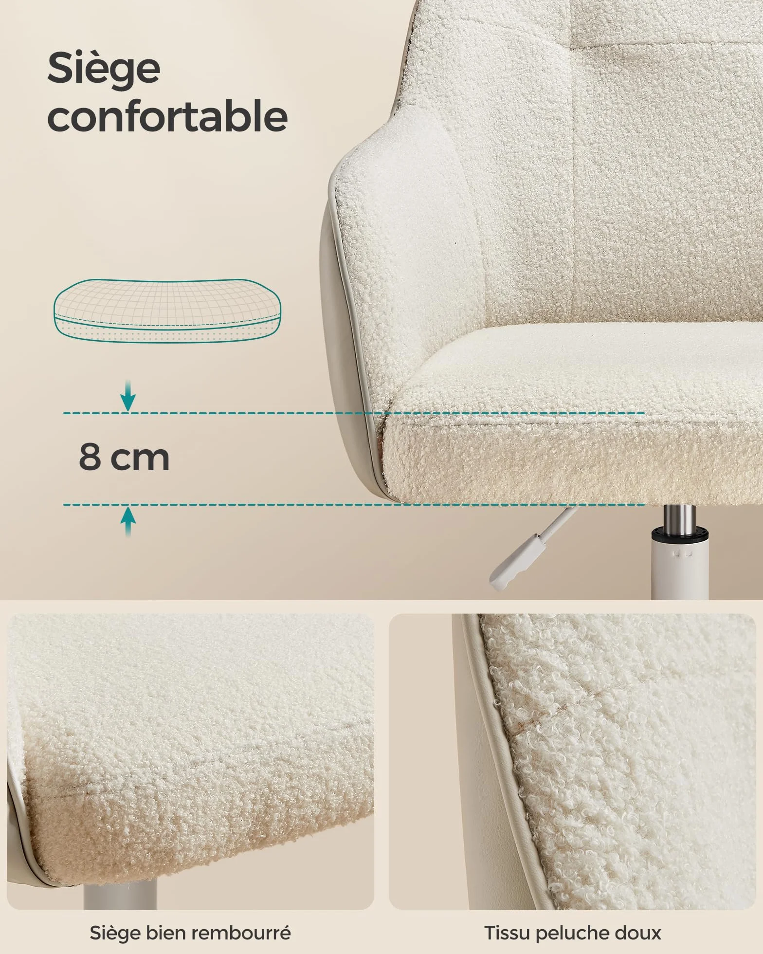 SONGMICS Chaise de Bureau Ergonomique Pivotante Réglable en Hauteur 110 kg Acier Tissu Peluche Respirant PU Beige Cappuccino