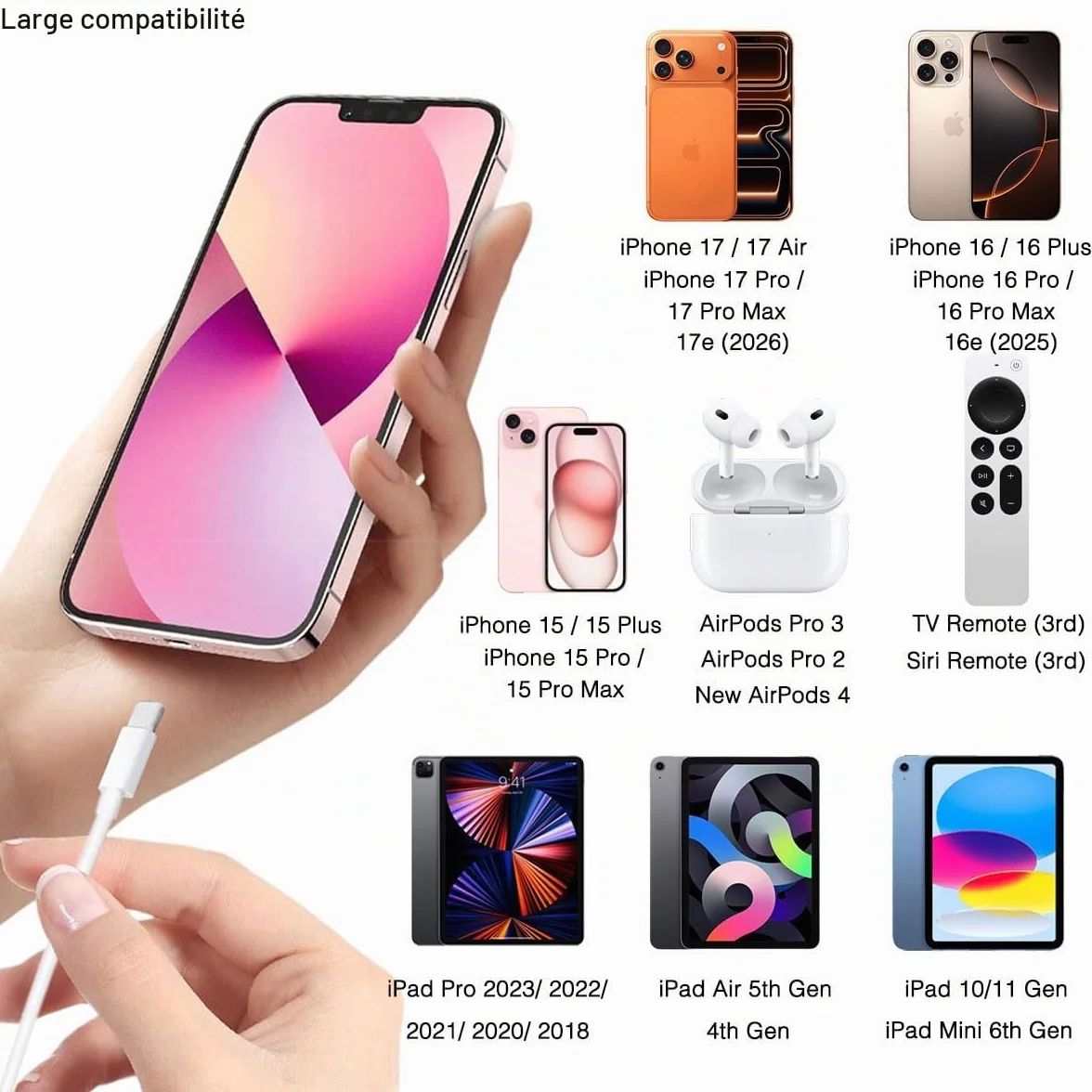 Câble de charge Carplay USB A vers USB C pour iPhone 16/17/15 Pro Max AirPods iPad