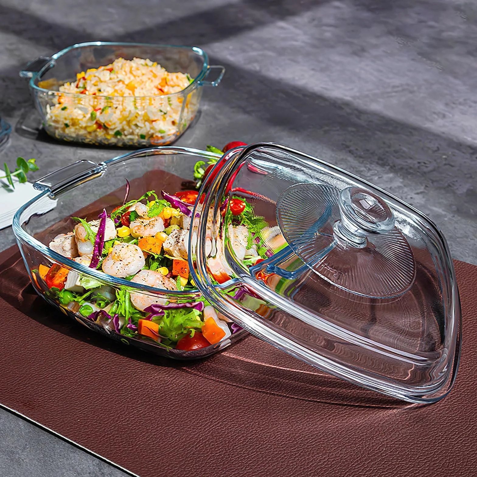 Lot de 2 Plats Four en Verre avec Couvercles, 0,8 L et 1,5 L, Plats à Gratin Carrés Résistants à la Chaleur, Compatibles Four et Micro-ondes, pour Gratin, Ragoût et Service