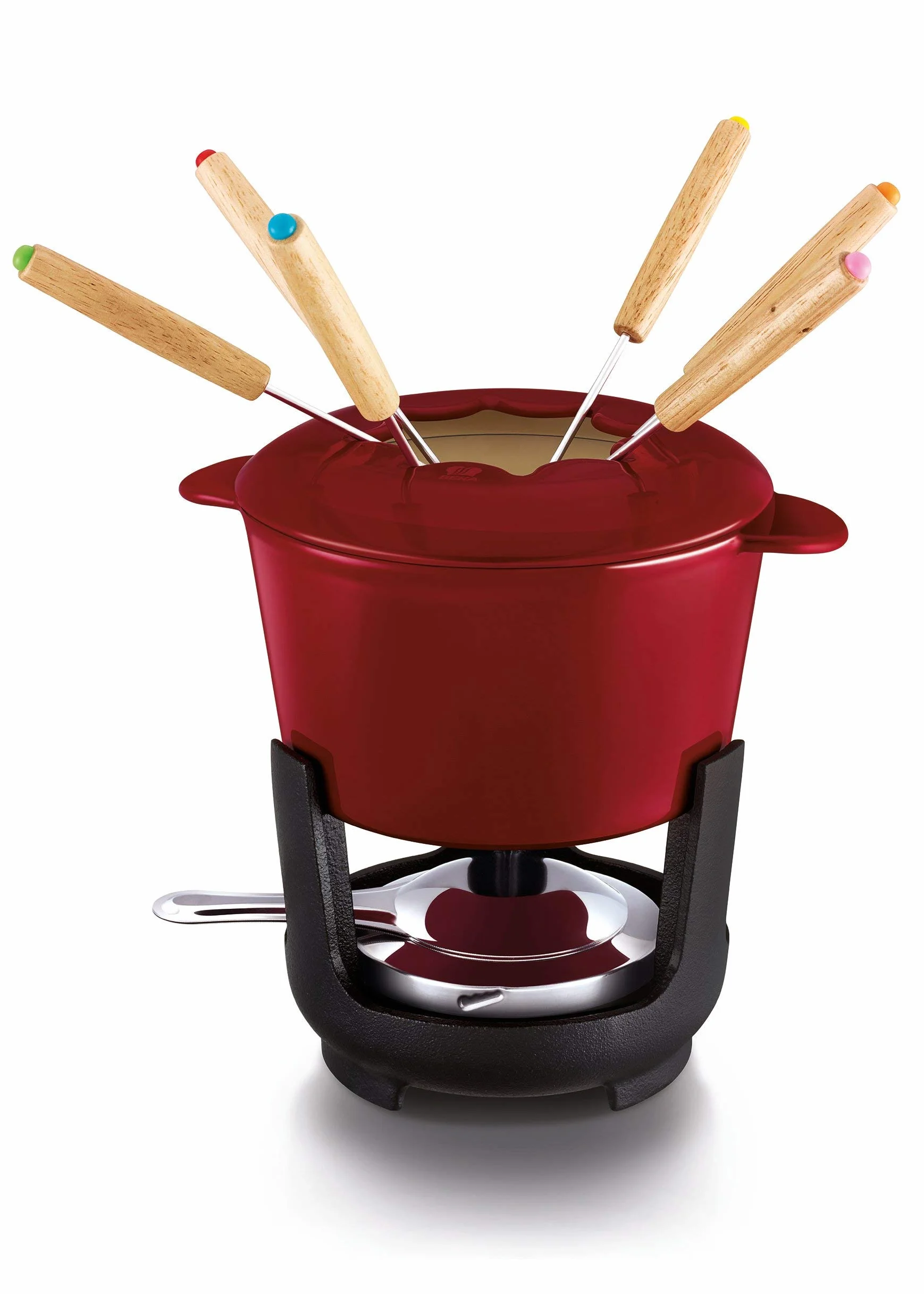 Beka Arôme - Set à Fondue Bourguignonne en Fonte Émaillée - Rouge - 6 Fourchettes - Couvercle Anti-Éclaboussures