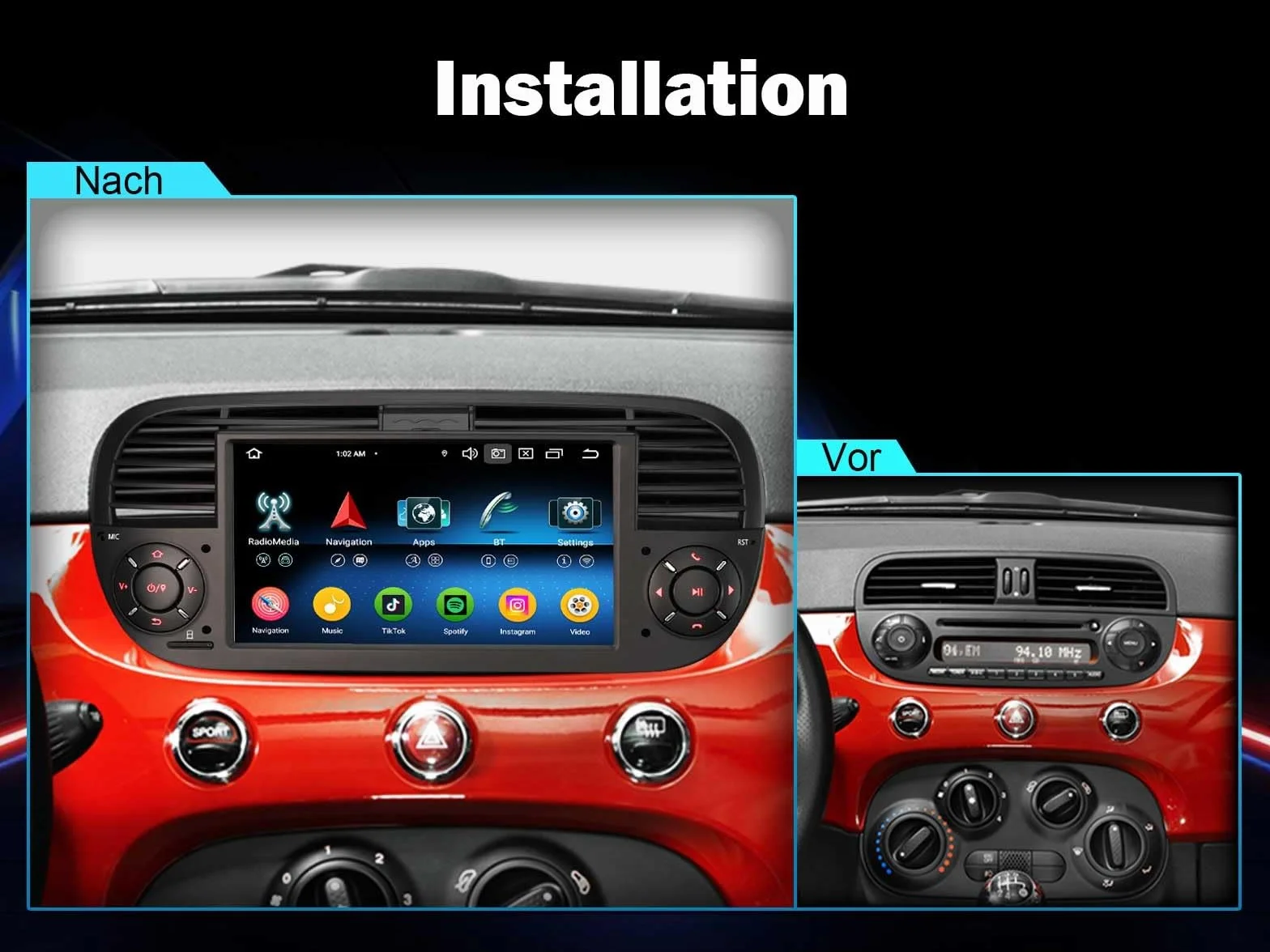 Erisin 8-rdzeniowy 4 GB + 64 GB Android 14 GPS radio samochodowe Bluetooth 5.0 z nawigacją do Fiat 500/500C/500S 2008-2015 500E 7 cali ekran dotykowy obsługuje bezprzewodowy CarPlay Android Auto WiFi