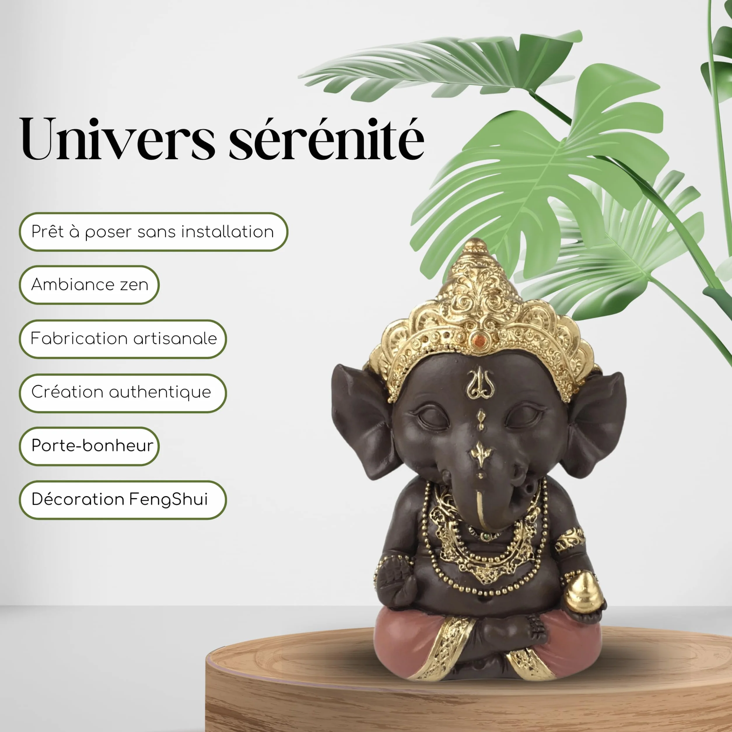 Statuette Ganesh Porte Bonheur Décoration Zen Feng Shui 11,5cm Vert Marron Zen’Light