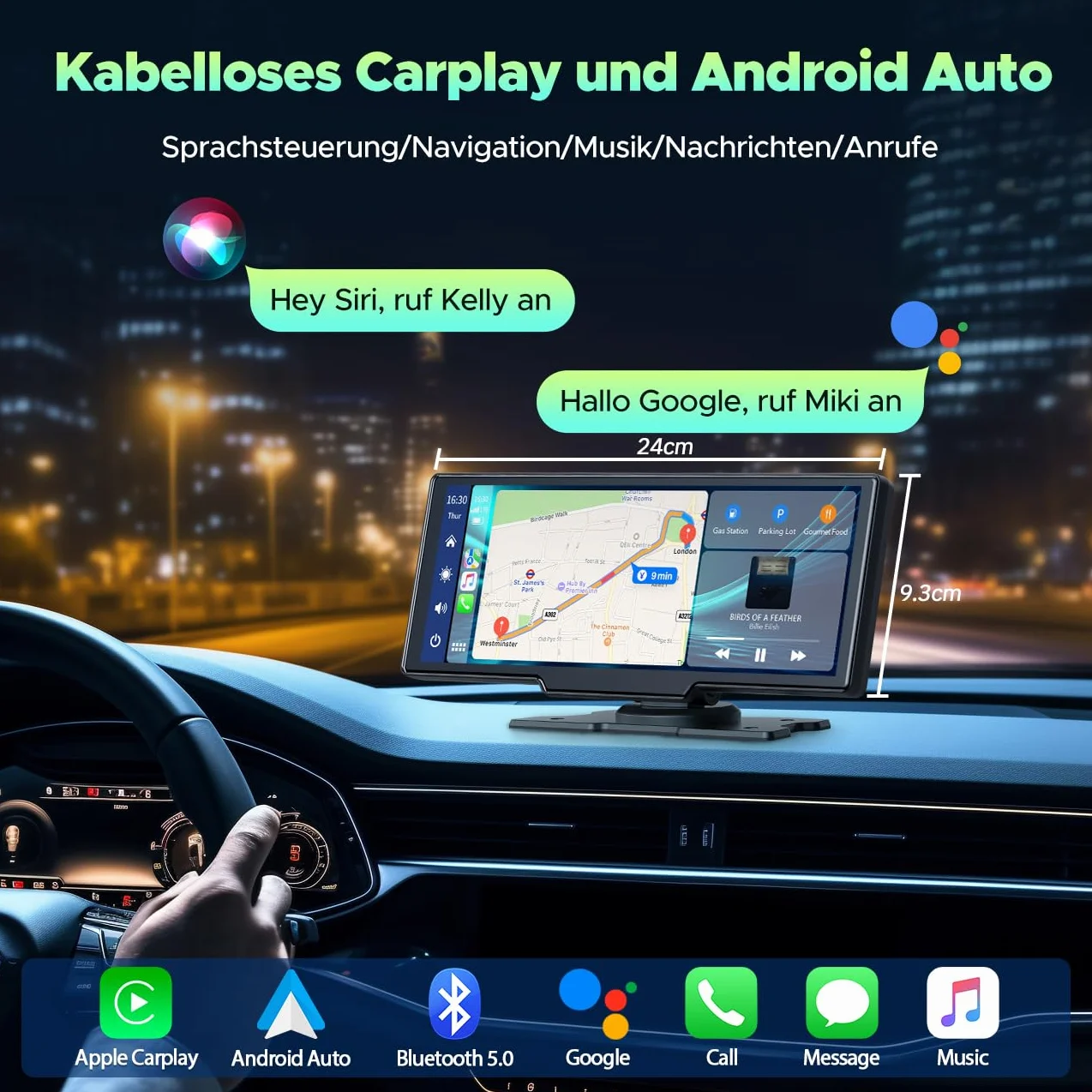 LAMTTO Bezprzewodowe radio samochodowe CarPlay z systemem Android, 9,26", przenośne, z kamerą rozdzielczą 2,5 K + 1080p z przodu, 64 G TF, Bluetooth, nawigacja, Mirror Link, Siri/G00gle, AUX/FM