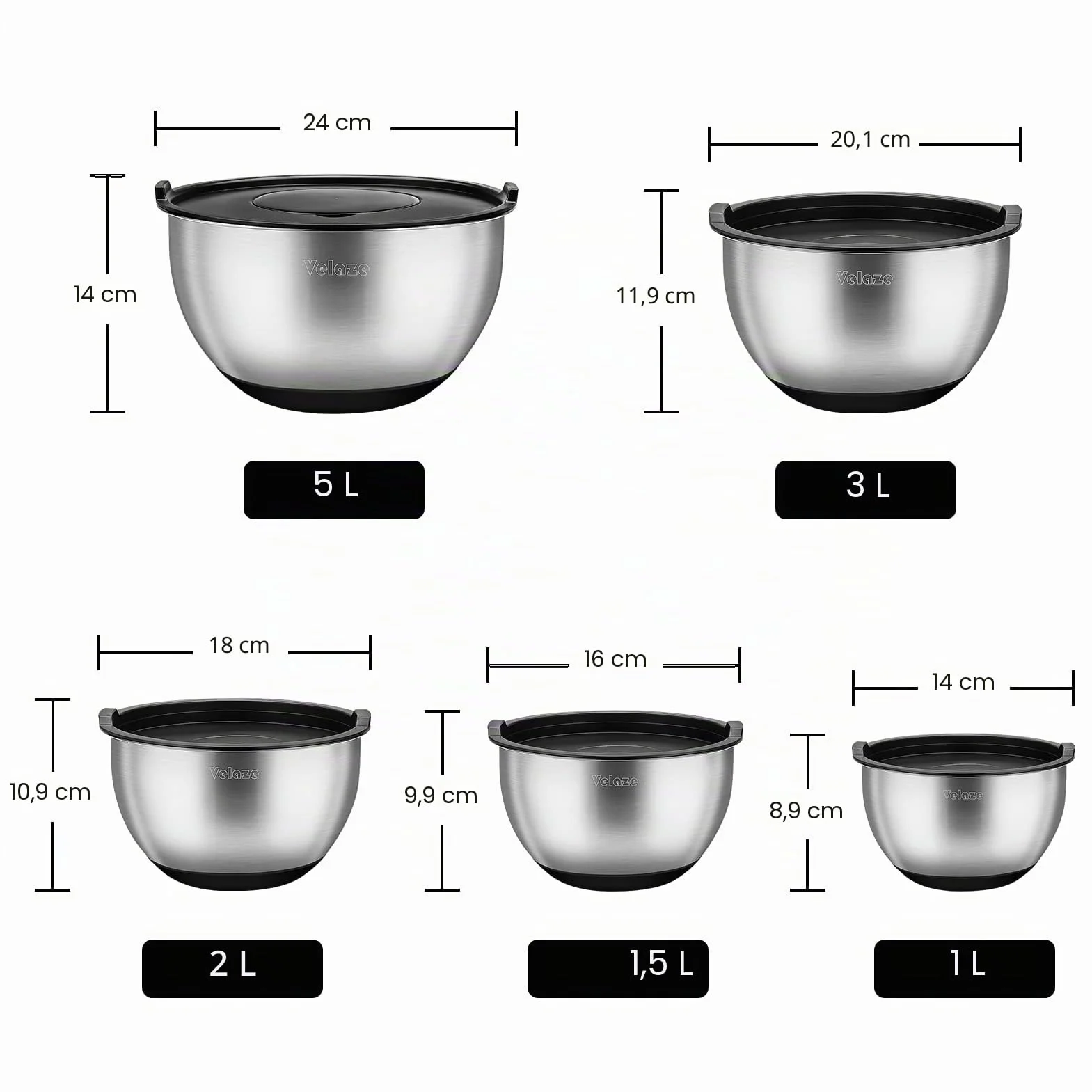 Velaze, Ensemble de 5 Bols Mélangeur Saladier en Acier Inoxydable, avec Poignée,Couvercles, Base en Silicone antidérapante, Râpe