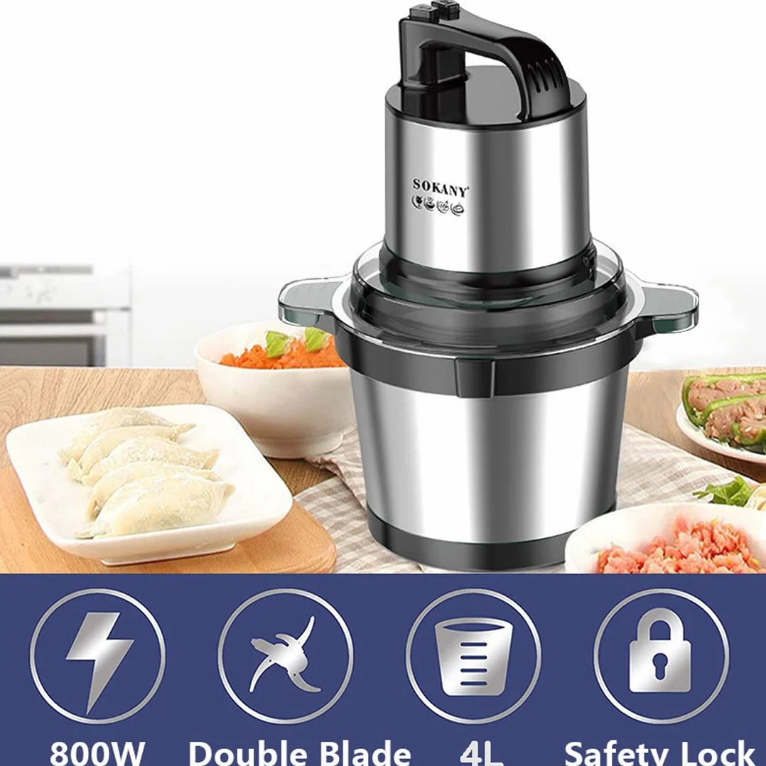 SOKANY Hachoir Électrique Mini hachoir a viande electrique Avec Bol Acier Inox, robot mixeur petit Avec 2 niveaux de vitesse et 4 Lames en inox (SK-7028, 800W, 4L)
