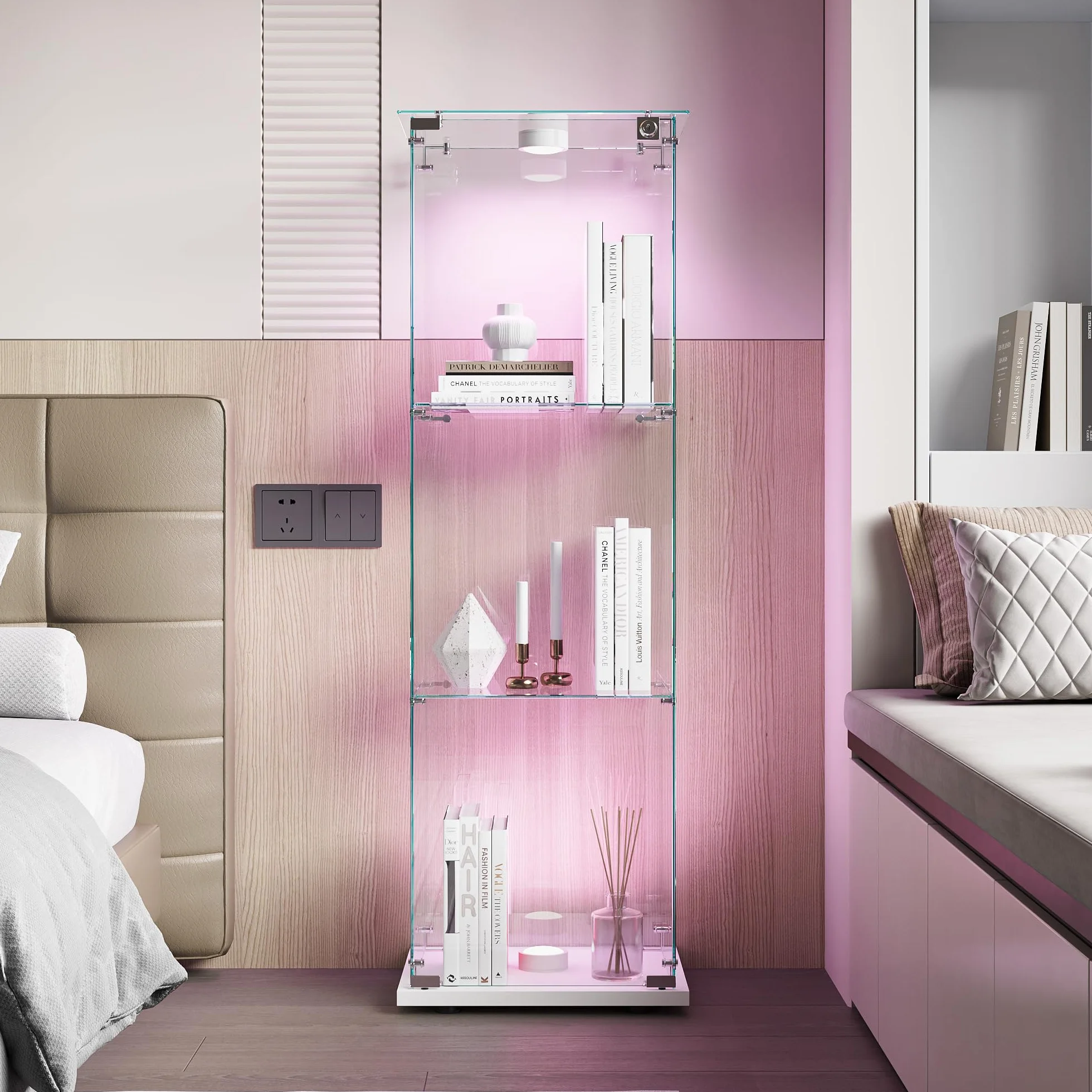 Vitrine en verre avec 1 porte et éclairage LED, 3 étagères, pour salon, bureau, chambre à coucher, 40 x 35 x 123 cm, facile à assembler, blanc