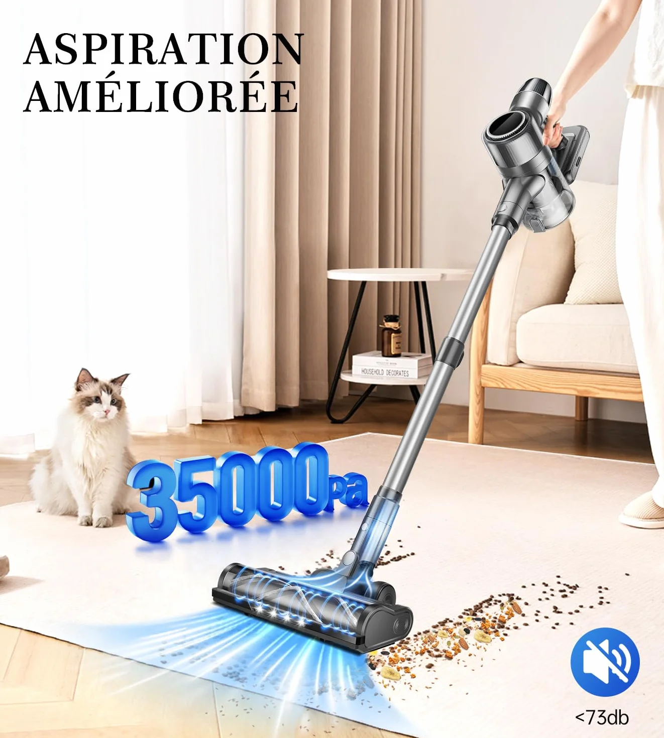 Aspirateur Balai sans Fil Puissant Électrique Silencieux Autonomie Rechargeable Batterie Cyclonique Brosse LED pour Poils d’Animaux Tapis Sols Durs