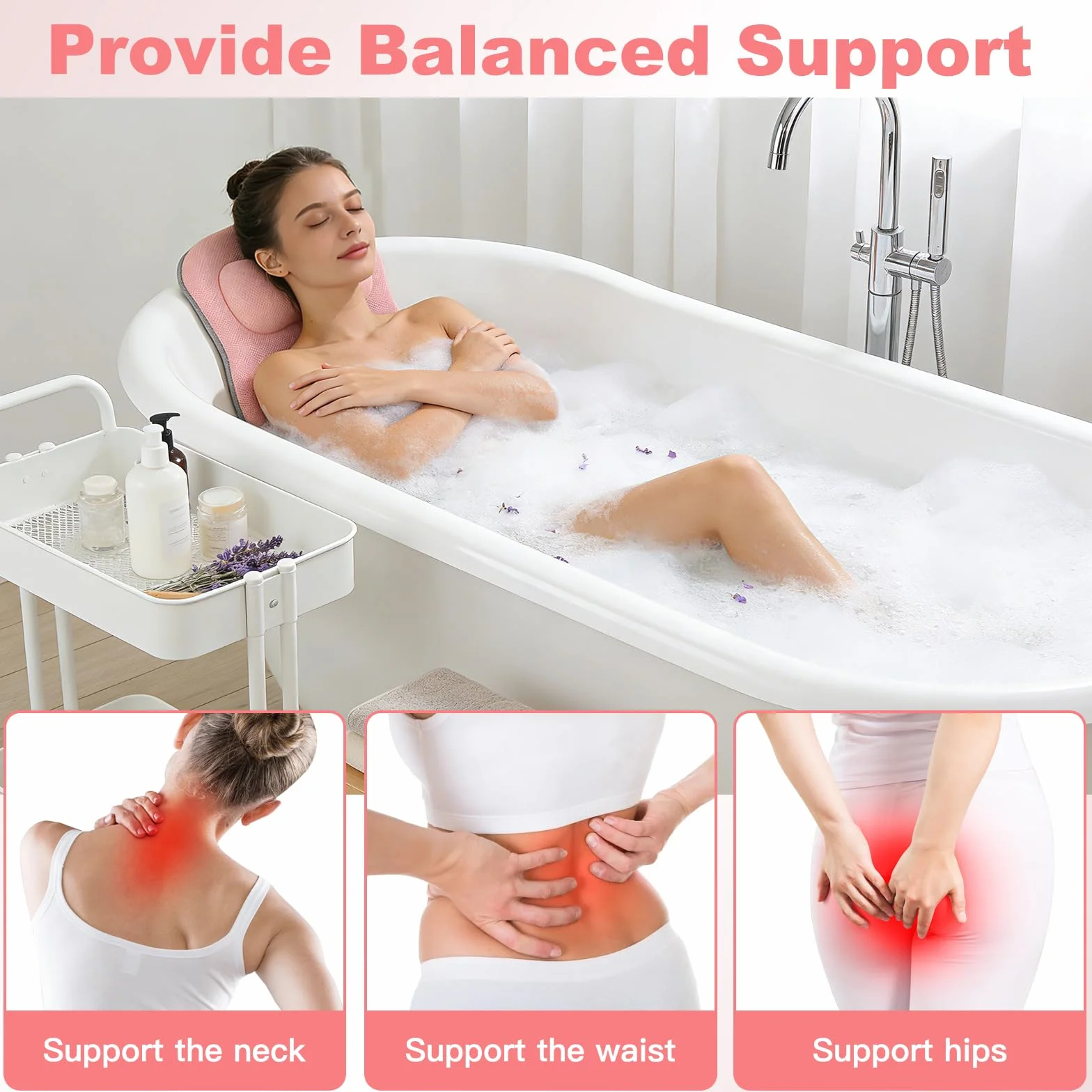 Coussin de bain complet pour la baignoire, tapis de bain épais avec appui-tête, soutient la nuque, le dos et les jambes, coussin de bain avec ventouses et crochets de suspension (rose)