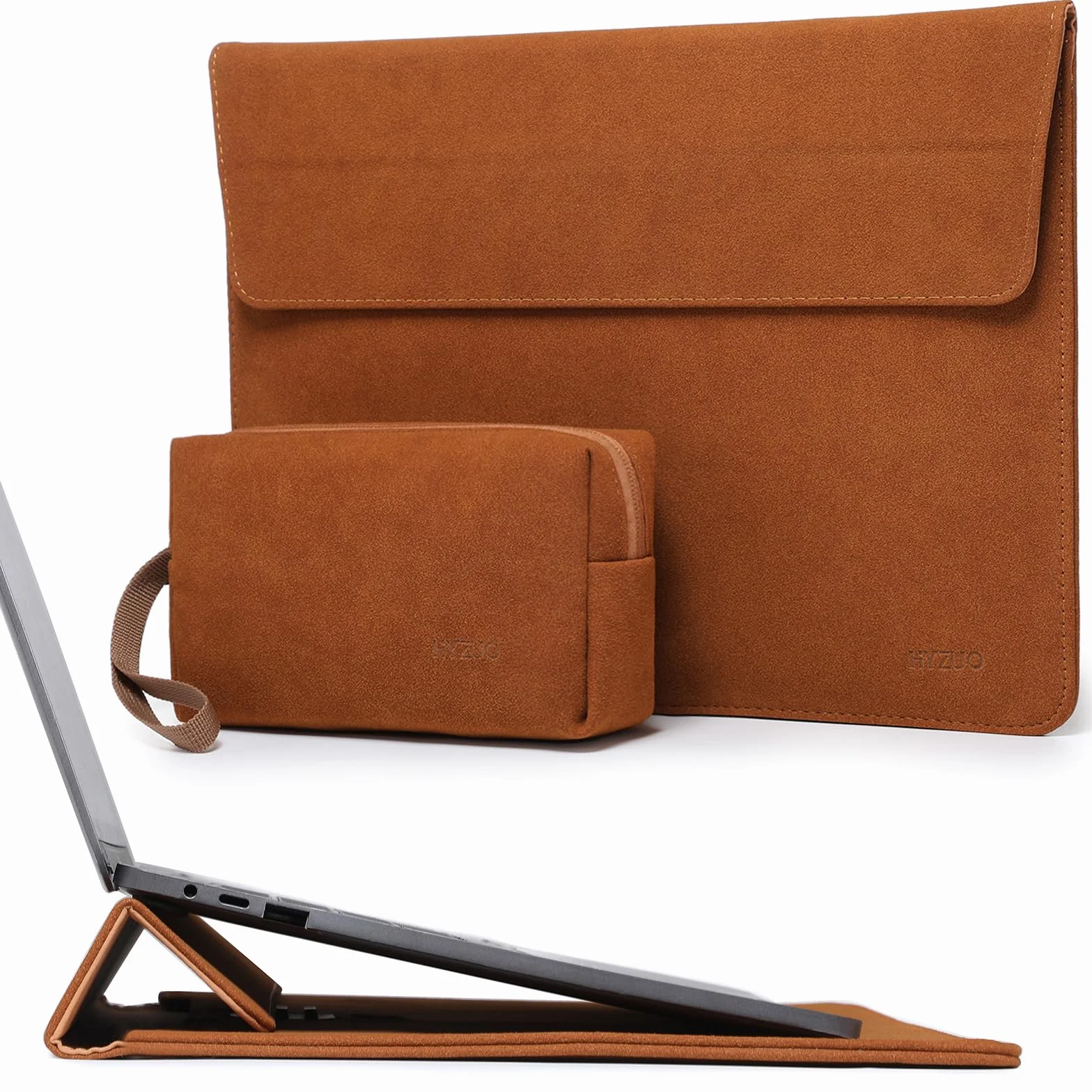 HYZUO 13 Cali Etui na Laptop z Regulowanym Stelażem do MacBook Air 13 M5 A3449 M4 M3 M2 M1 2026-2018, 13" MacBook Neo 2026, MacBook Pro 13 M2 M1, Surface Pro, XPS 13, z Torbką, Brązowy