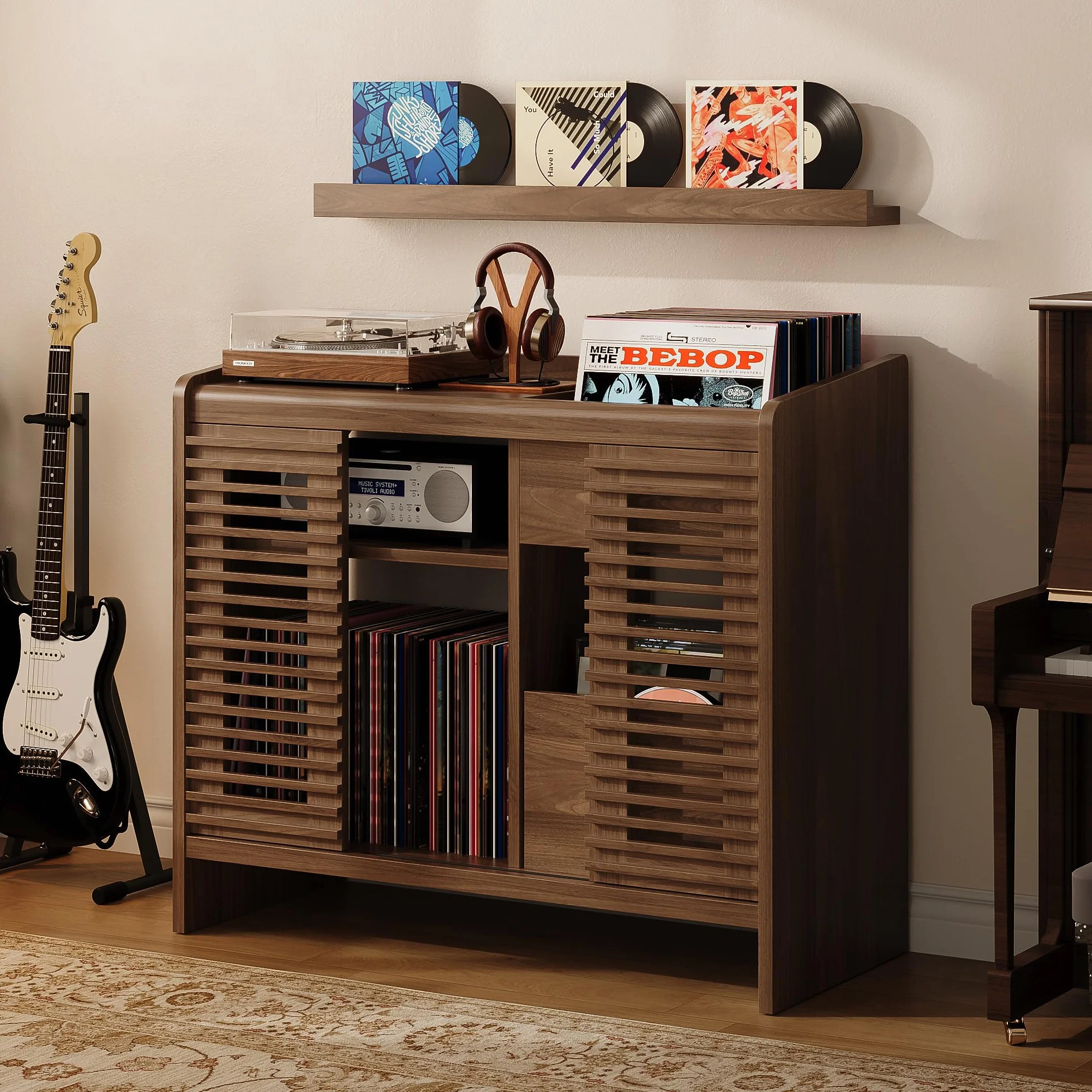 IRONCK Étagère pour Tourne-Disque Vinyle avec Support Mural pour disques vinyles, Rangement jusqu'à 350 Albums avec Prise de Charge, pour Salon et Chambre à Coucher, Marron Noyer rétro