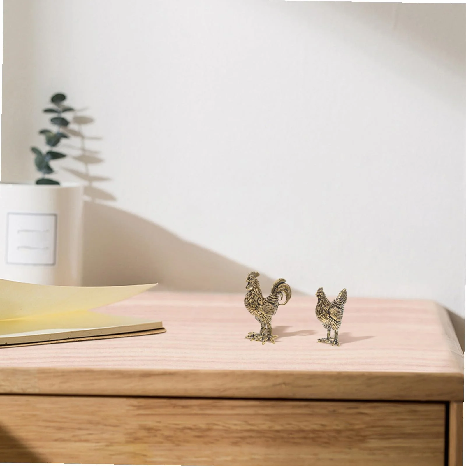 Lot de 2 figurines décoratives Feng Shui Coq et Poule en cuivre porte-bonheur