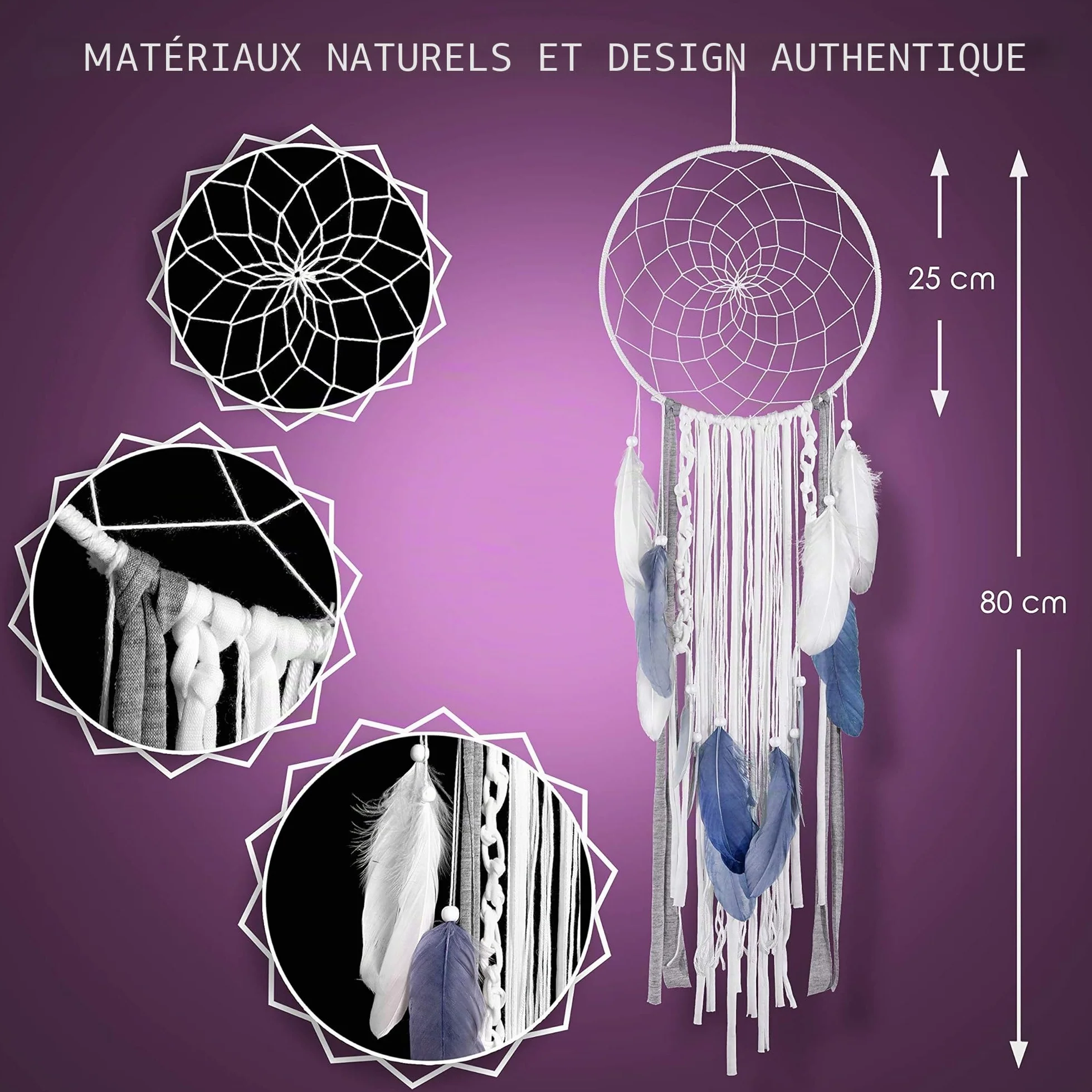 Attrape-rêves bohème XXL plumes perles 25 cm 80 cm blanc/gris