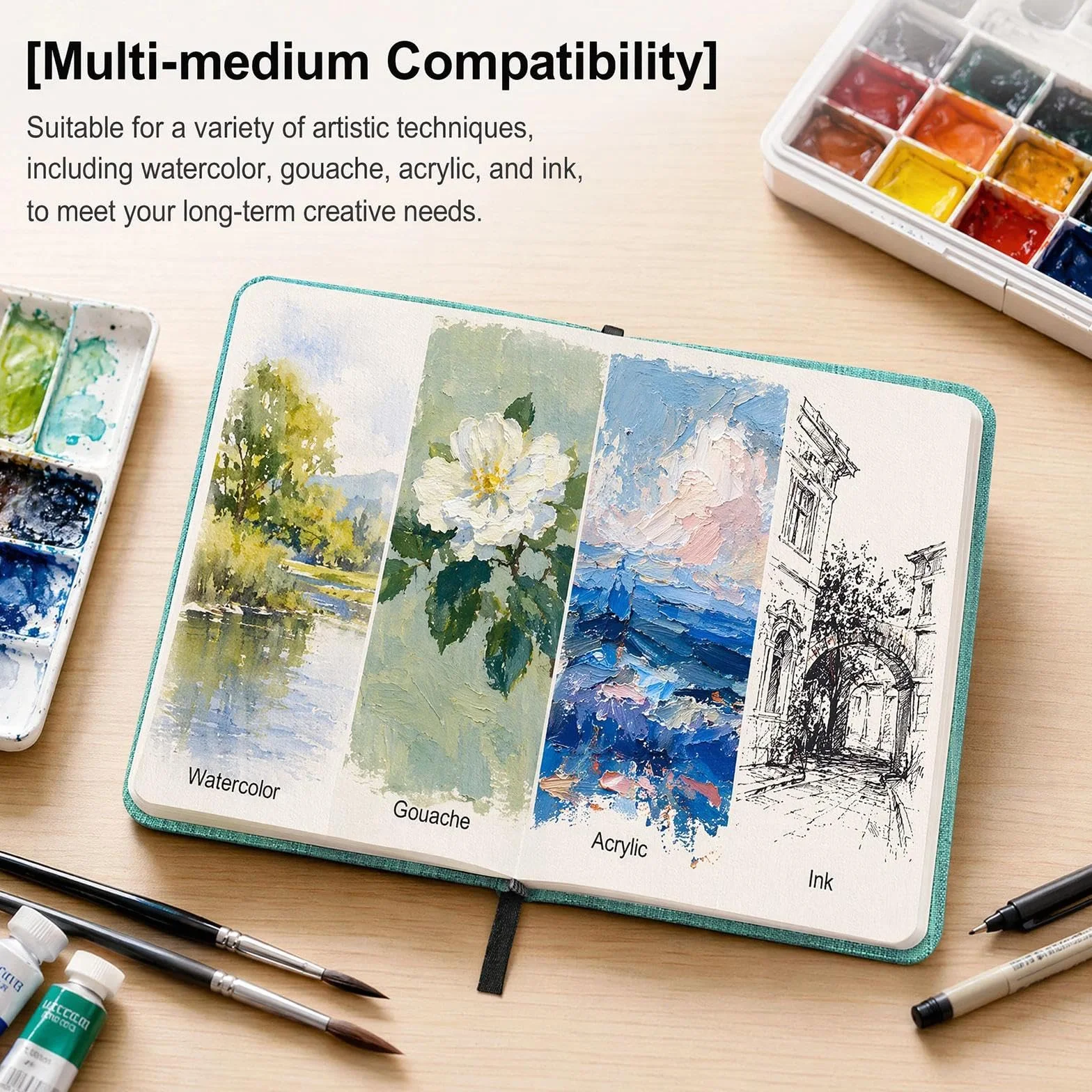 Carnet Aquarelle Carré 12 x 12 cm, Papier 100% Coton 300 g Pressage à Froid, 48 Pages pour Croquis de Voyage