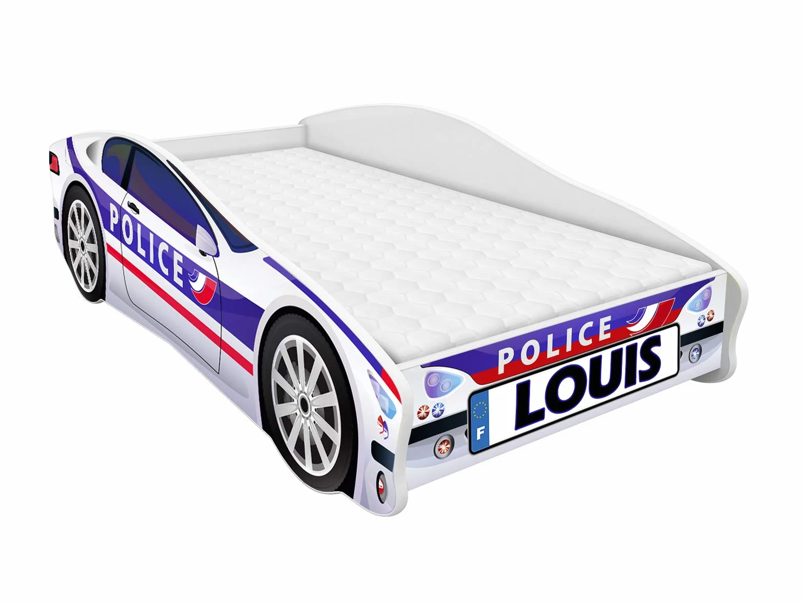 ACMA Lit Junior Voiture de Police 160×80 avec Matelas + Sommier | Lit Voiture Garçon | Personnalisation Prénom Offerte | Couchage Junior Design Auto