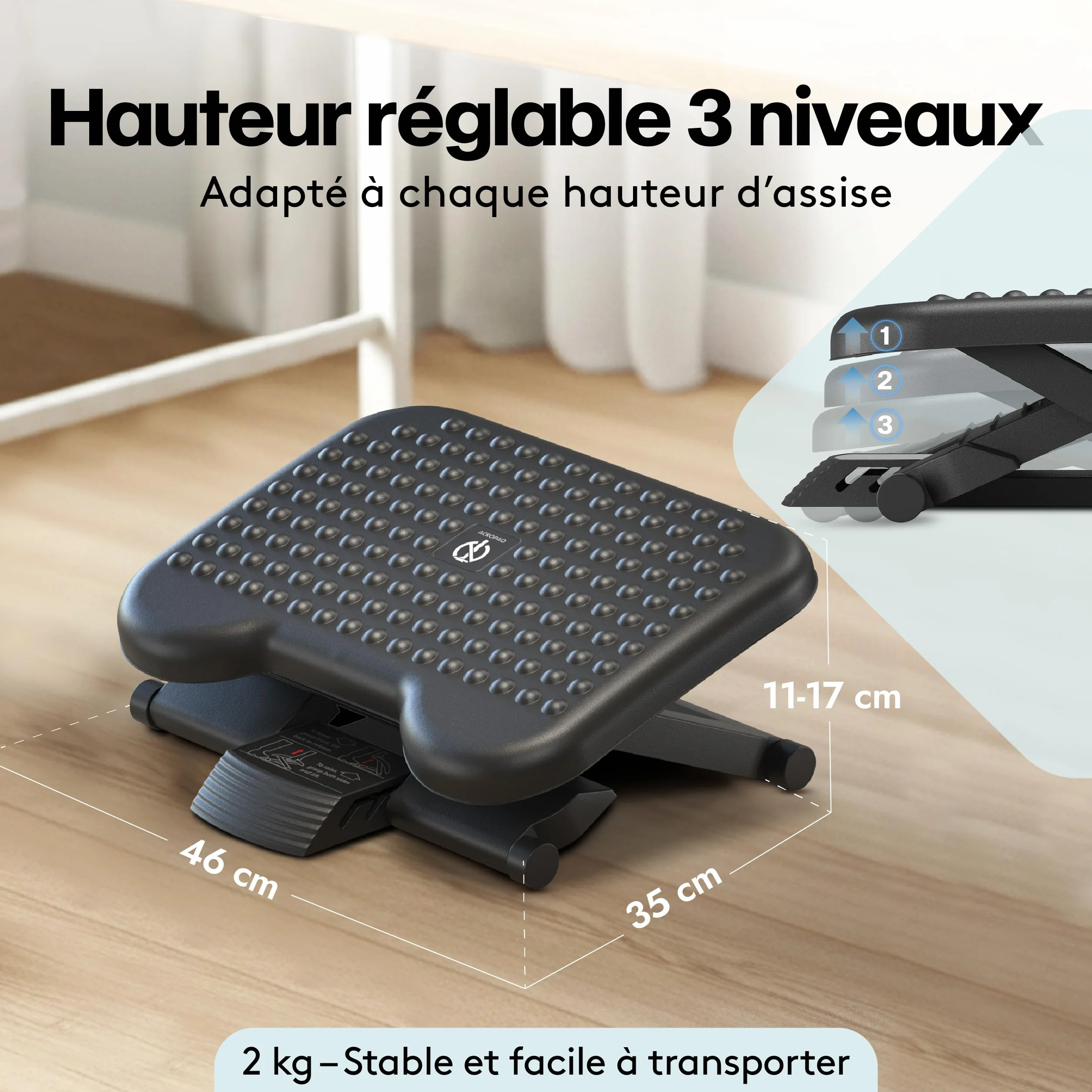 ACROPAQ Repose Pied Bureau Antidérapant 3 Hauteurs Réglables Inclinaison -30 à +30 Degrés Ergonomique Gris