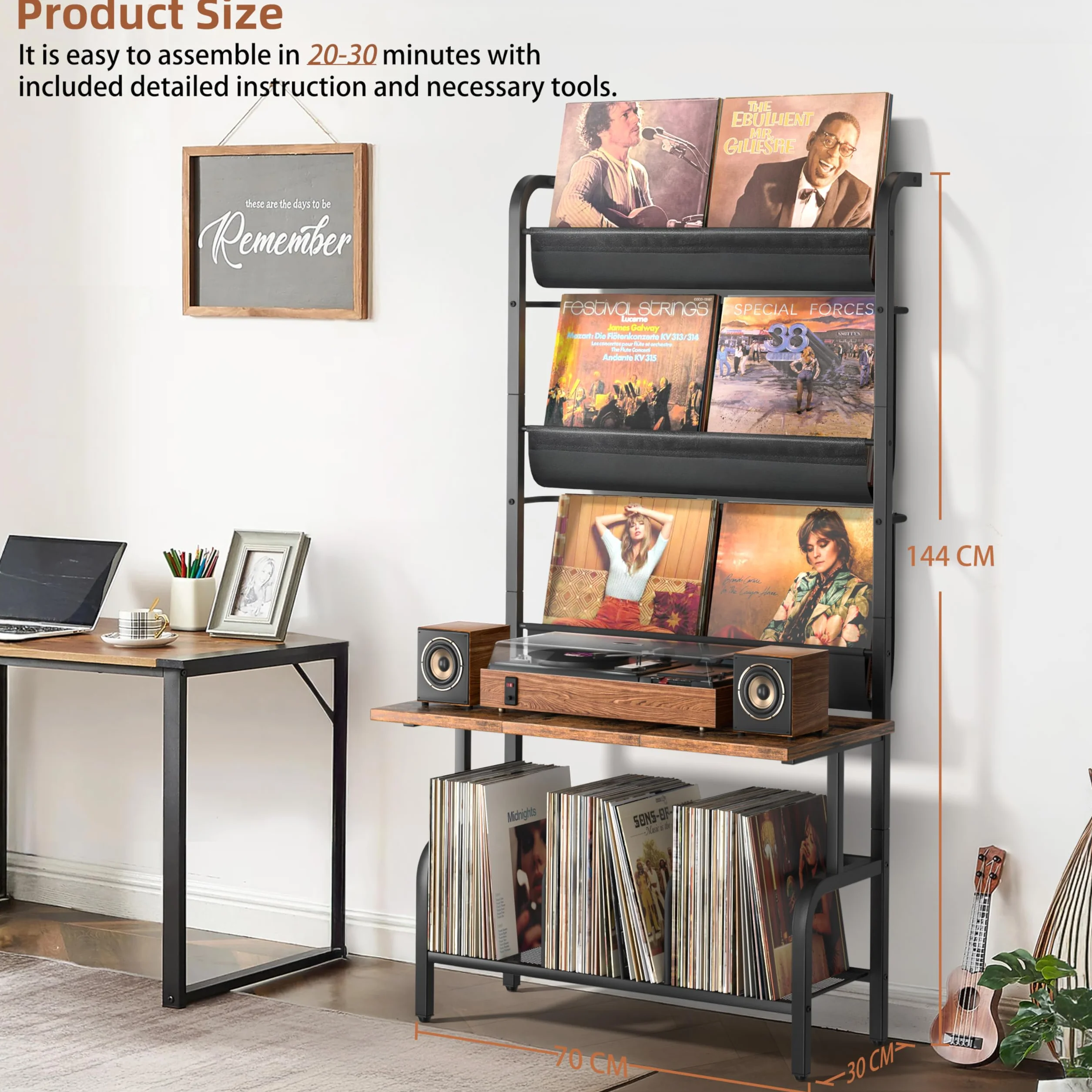Bikoney Meuble Tourne-disque avec Rangement Vinyles – Support Platine Vinyle pour Jusqu’à 300 Albums, Table de Tourne-disque Vintage, Étagère de Rangement pour Disques et Stéréo Plus Grand