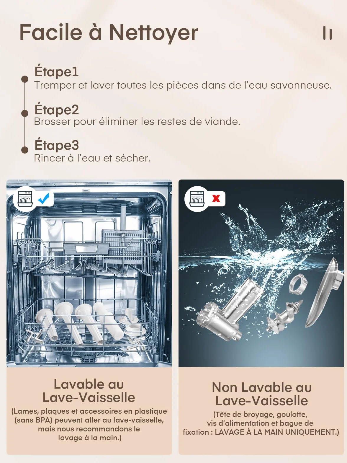 3 en 1 Hachoir à Viande Électrique Professionnel avec 3 Plaques Abrasives en Acier Inoxydable, 1 Kubbe et 3 tubes de Remplissage de Saucisses, 2000W Max