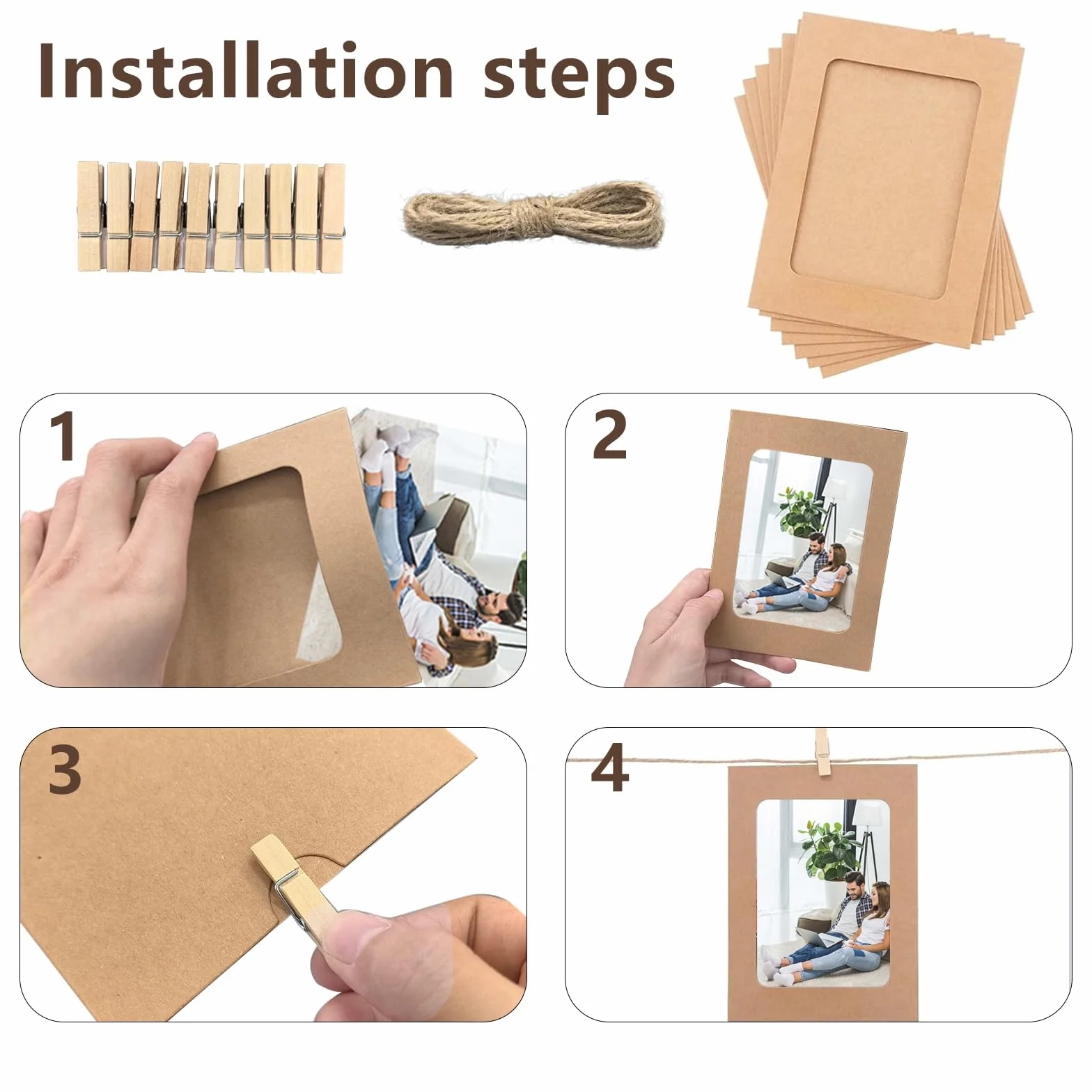 Cadre Photo en Papier Kraft DIY 10x15 30pcs avec Pinces Bois, Cordes Accrocher Photos pour Décoration Murale Kaki