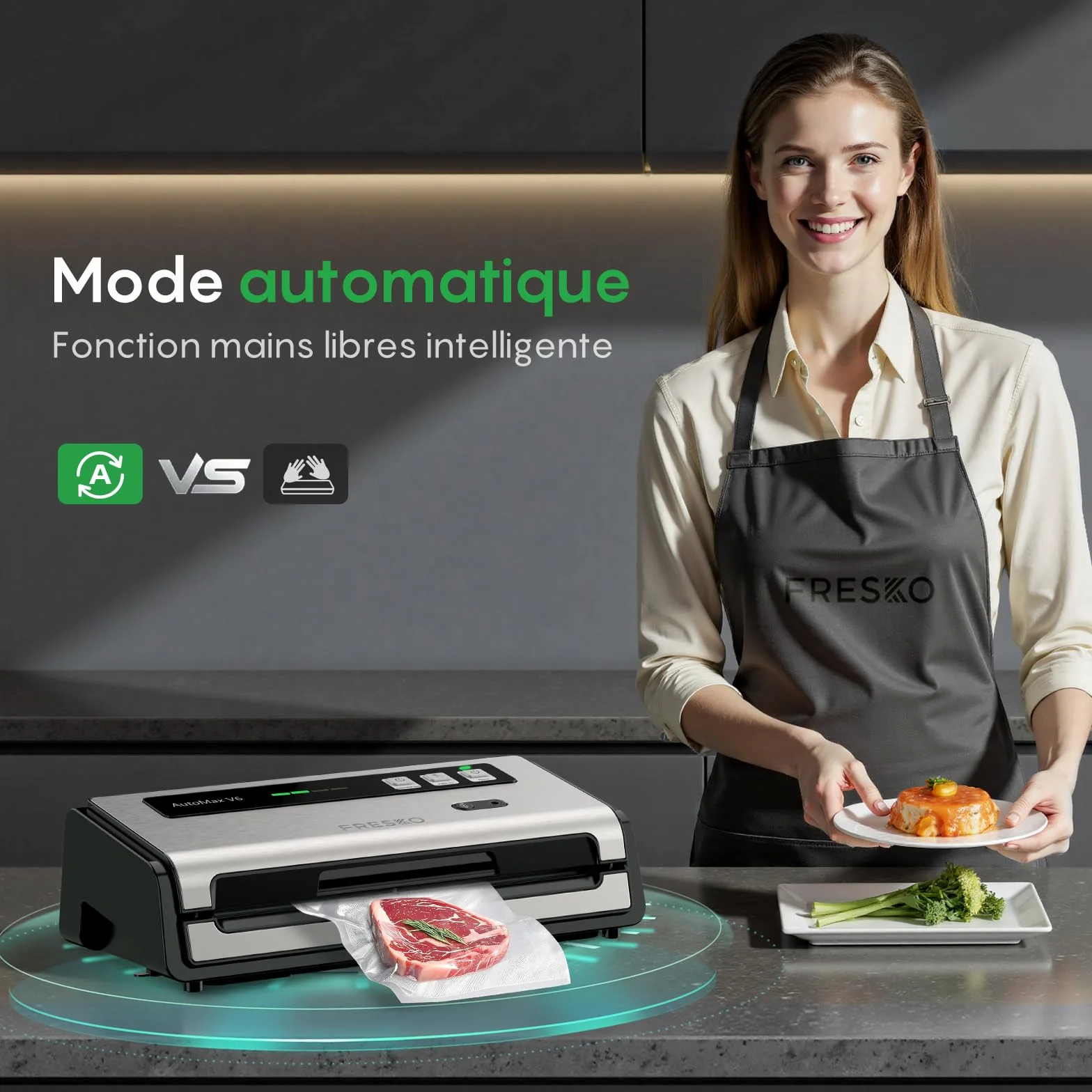FRESKO Machine Sous Vide Alimentaire Automatique, Bandes chauffantes élargies, Coupe-sac Intégré et Rangement des Sacs, Mode Humide et Sec, Utilisation à une Main (Automax V6)