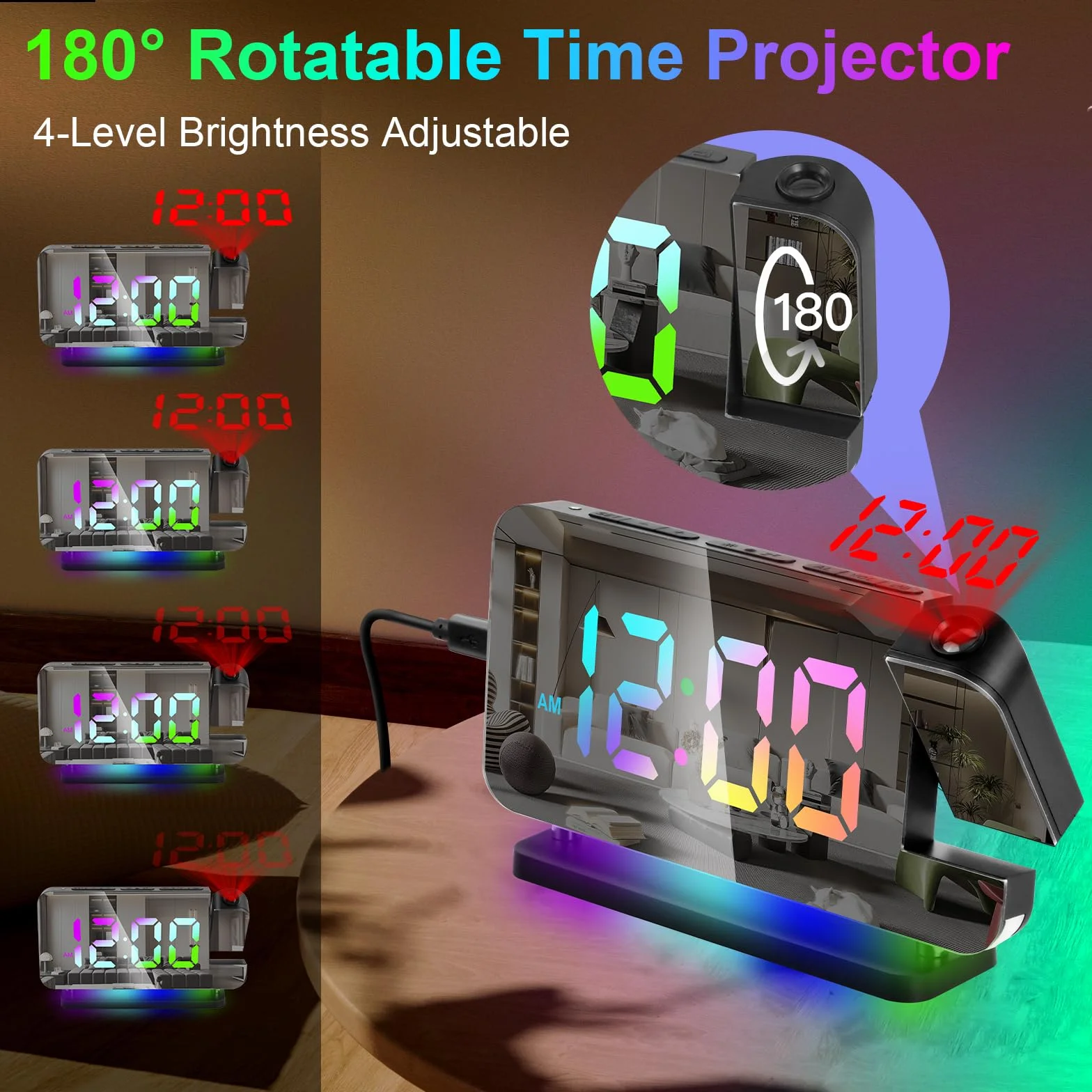 Réveil à Projection avec Projecteur Rotatif 180°, Affichage LED 11 Couleurs, Luminosité Réglable, Snooze
