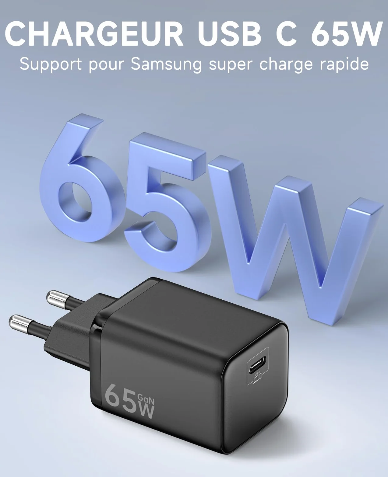 Chargeur USB C 65W GaN II PD3.0 PPS avec Câble Tressé 2M pour MacBook Pro/Air Samsung Galaxy S25 S24 S23 S22 Ultra iPhone 16 15 Noir