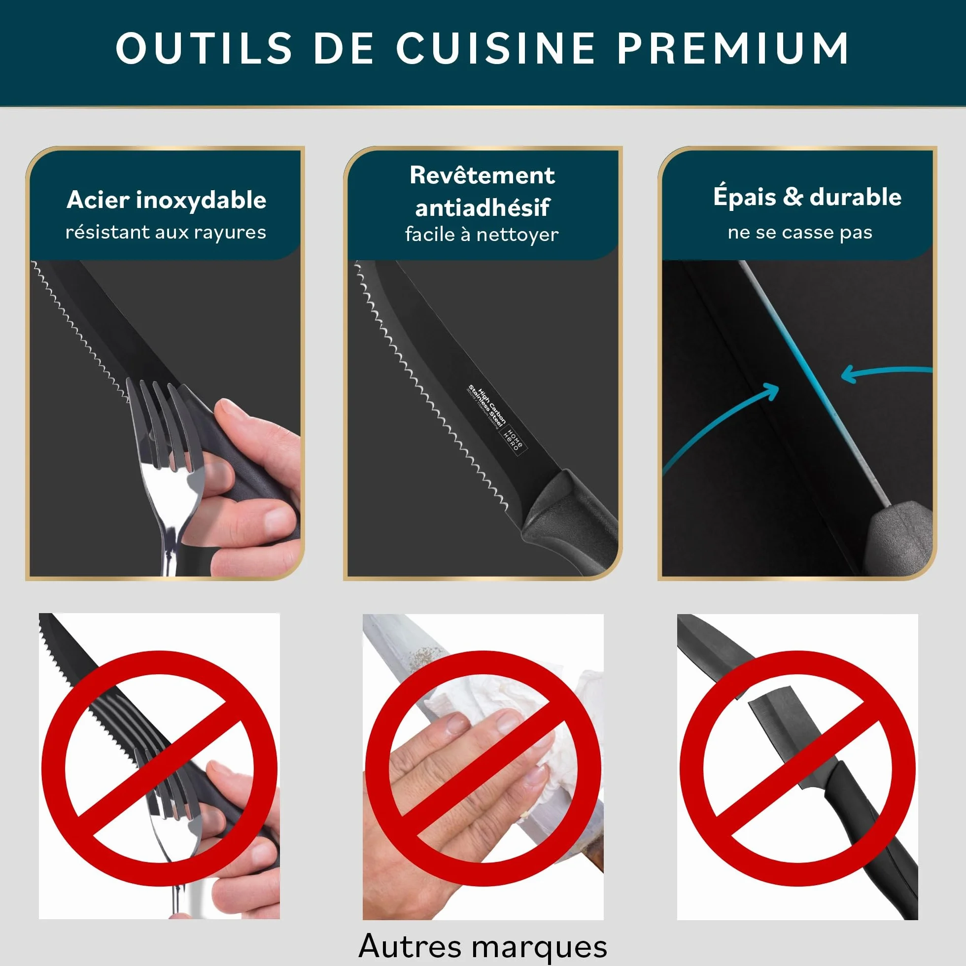 Couteaux à Steak Acier Inoxydable Lame Dentelée 21 cm Lot de 8 Noir - Couteaux de Table Viande
