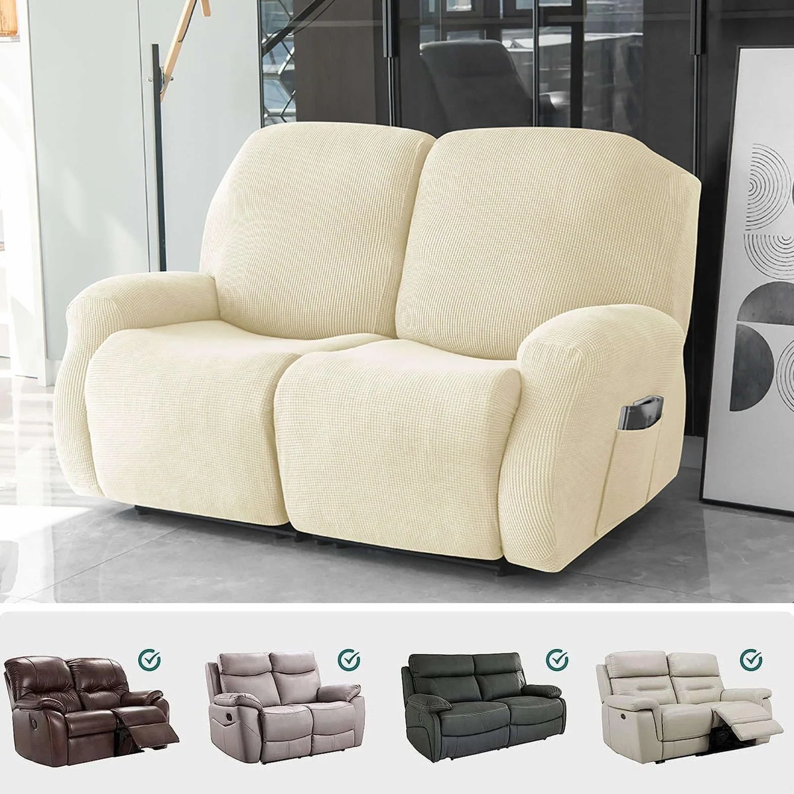 Housse de canapé inclinable extensible 2 places universelle avec poches lavable 6 pièces Beige