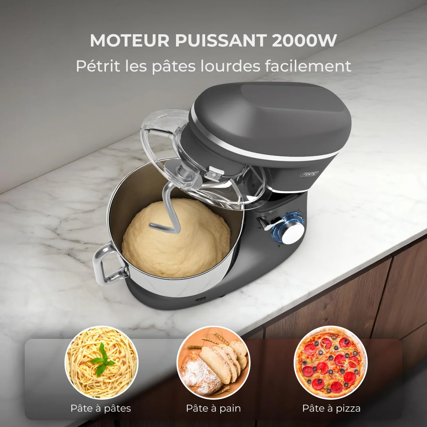 Robot Pâtissier – 2000W – Bol mélangeur en acier inoxydable (6,2L) – Avec fouet, Crochet pétrisseur et Batteur plat – Incl. et accessoires supplémentaires (Anthracite)