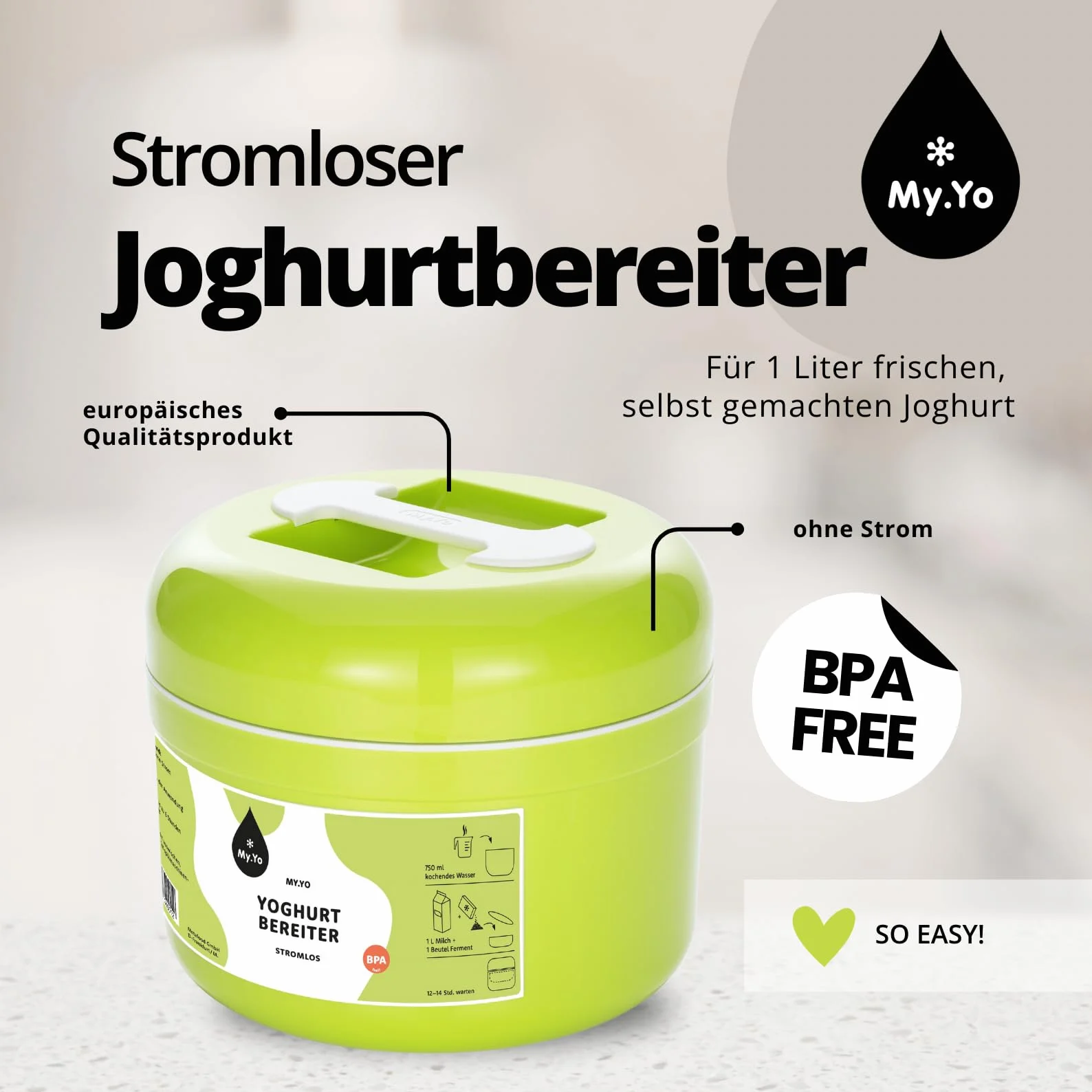 My.Yo - Yaourtière sans électricité | Couleur citron vert | Avec 2 sachets de ferments bio