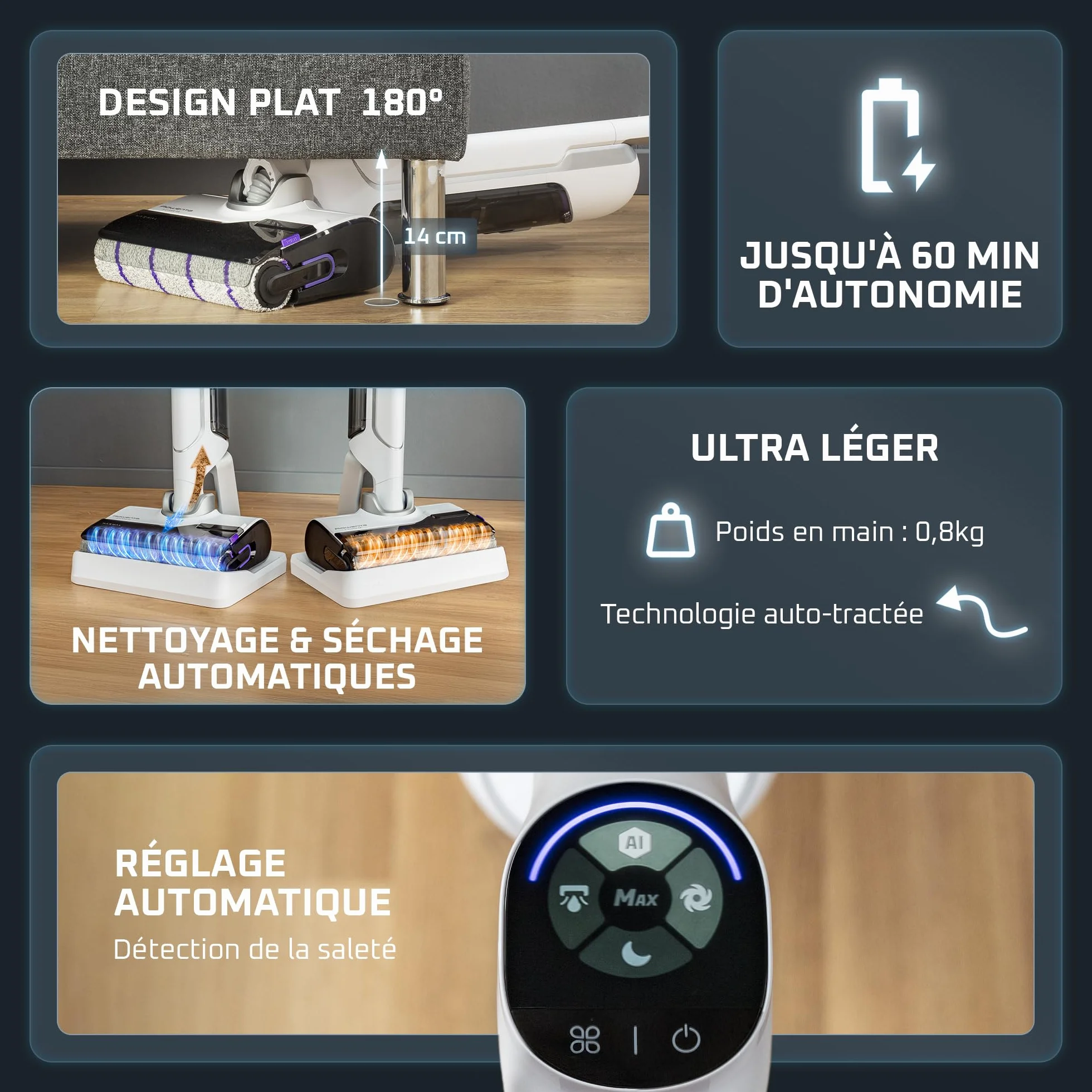 Rowenta Aspirateur Laveur sans fil X-Clean 10 180° Plat Auto-Nettoyage 65°C 60min Blanc GZ7540WO