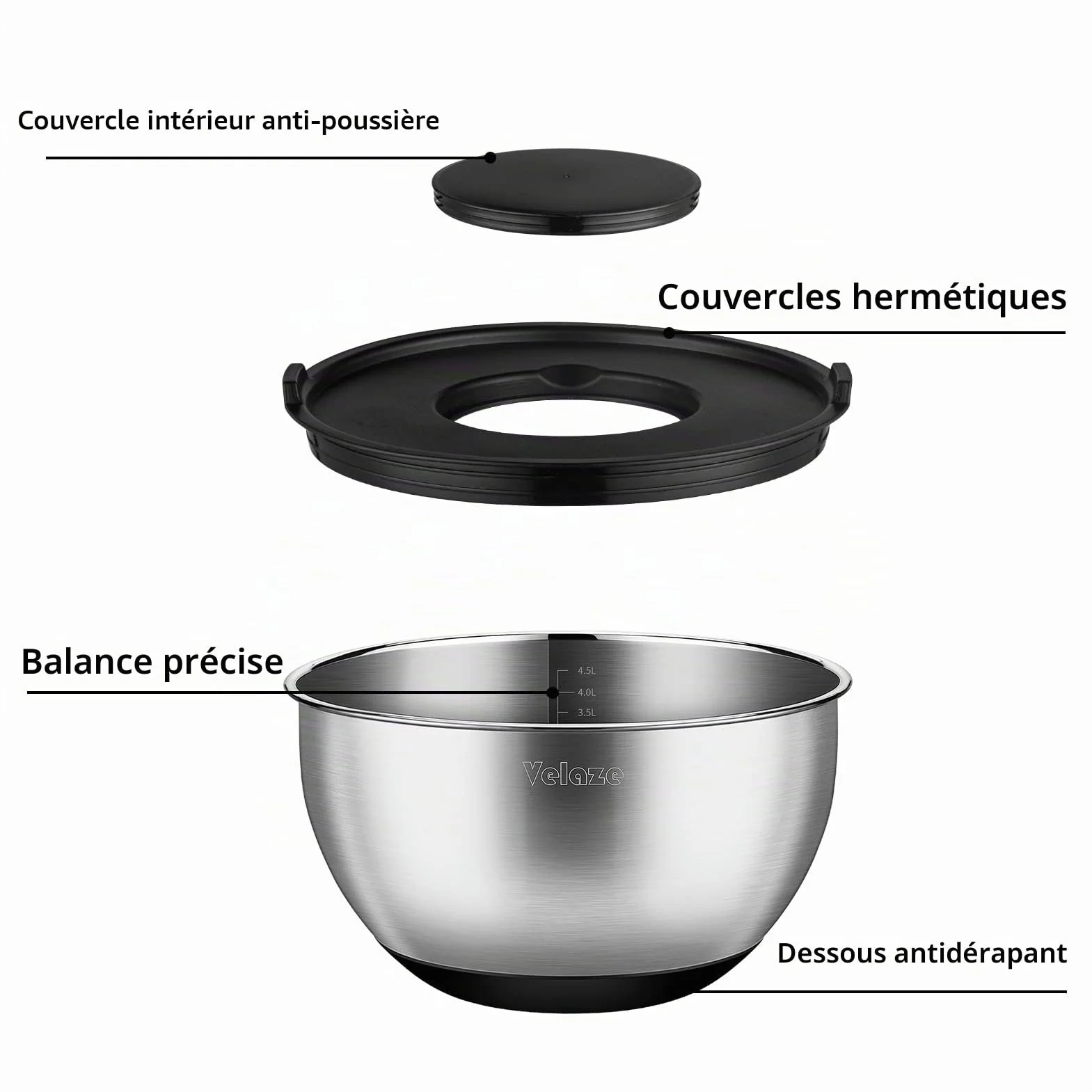 Velaze, Ensemble de 5 Bols Mélangeur Saladier en Acier Inoxydable, avec Poignée,Couvercles, Base en Silicone antidérapante, Râpe