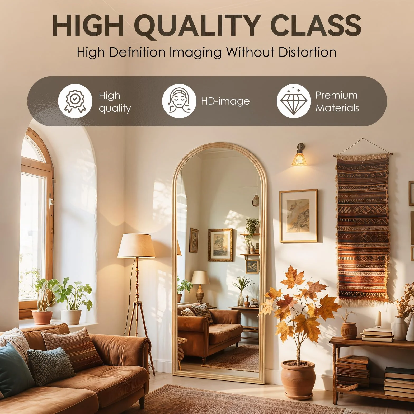 ThomP Miroir pleine longueur - 160 x 50 cm - Miroir sur pied bombé - Cadre en bois avec support - Grand miroir sur pied pour chambre à coucher, salon (marron)