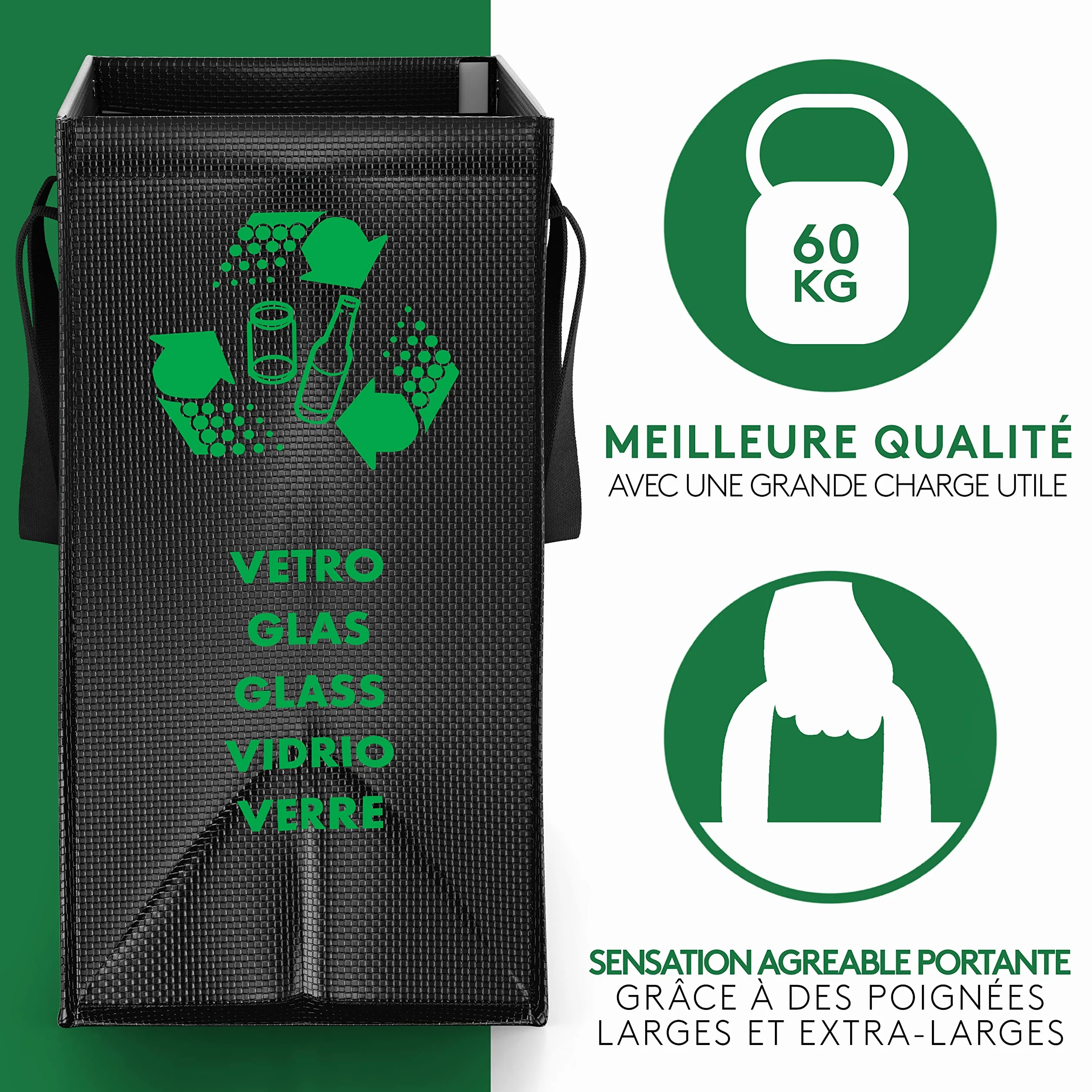 Poubelle tri selectif 3 bac PTMS® - Sac tri selectif pour verre papier plastique - Déchets recyclage facile à vider