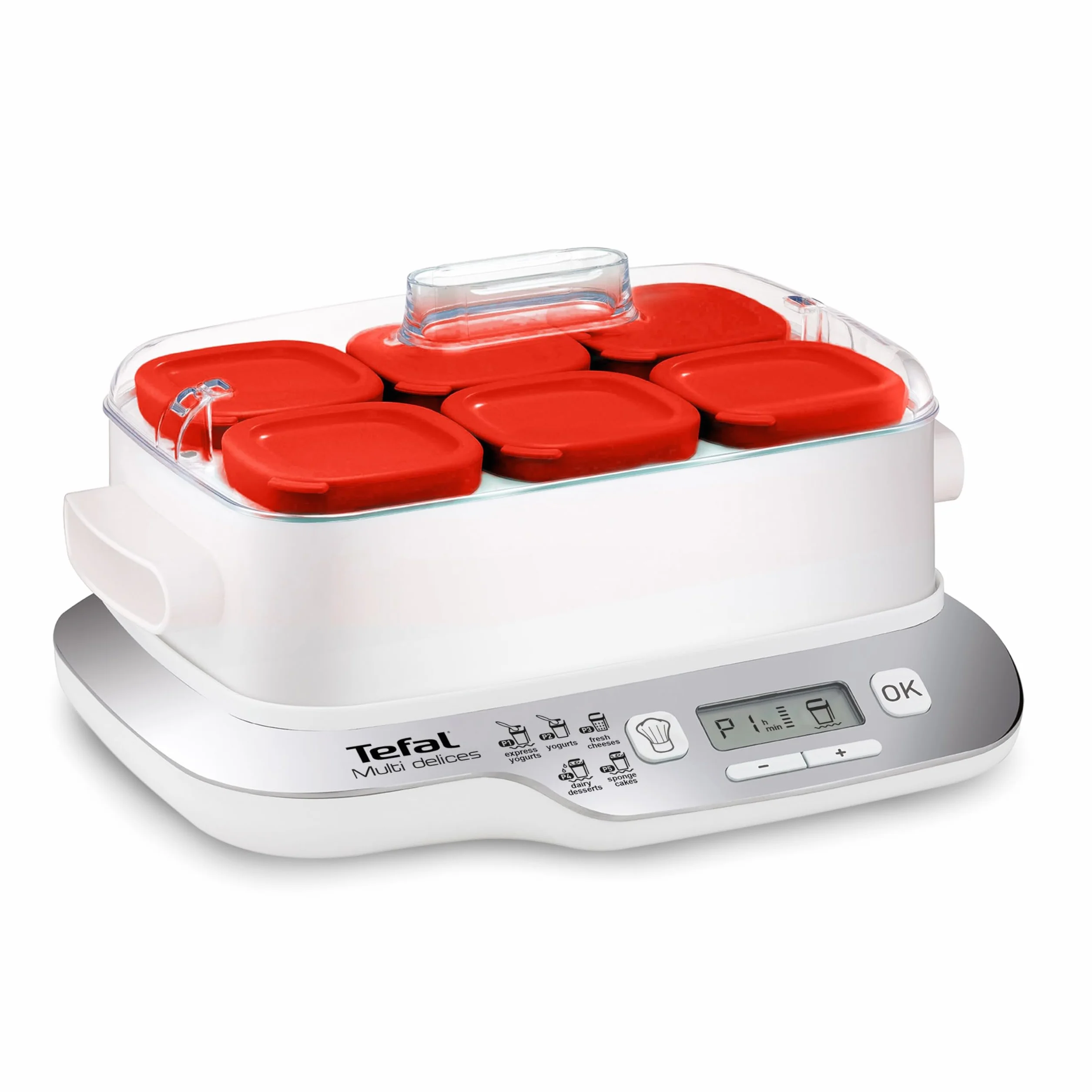Tefal Multi Delices Express, Yaourtière, 6 Pots, Rouge, Yaourt Maison, 5 Programmes automatiques, desserts lactés, fromages blancs et desserts moelleux, Pots de 140ml, 100% sans BPA, YY5425FB