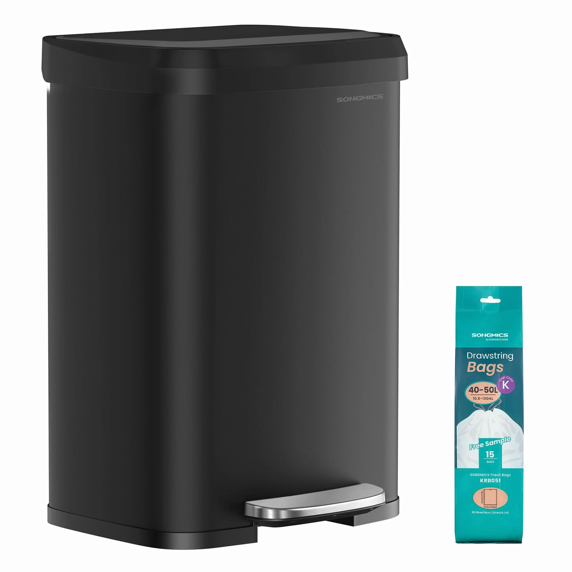 SONGMICS Poubelle de Cuisine 50L Métal à Pédale avec Couvercle Noir LTB530B5002