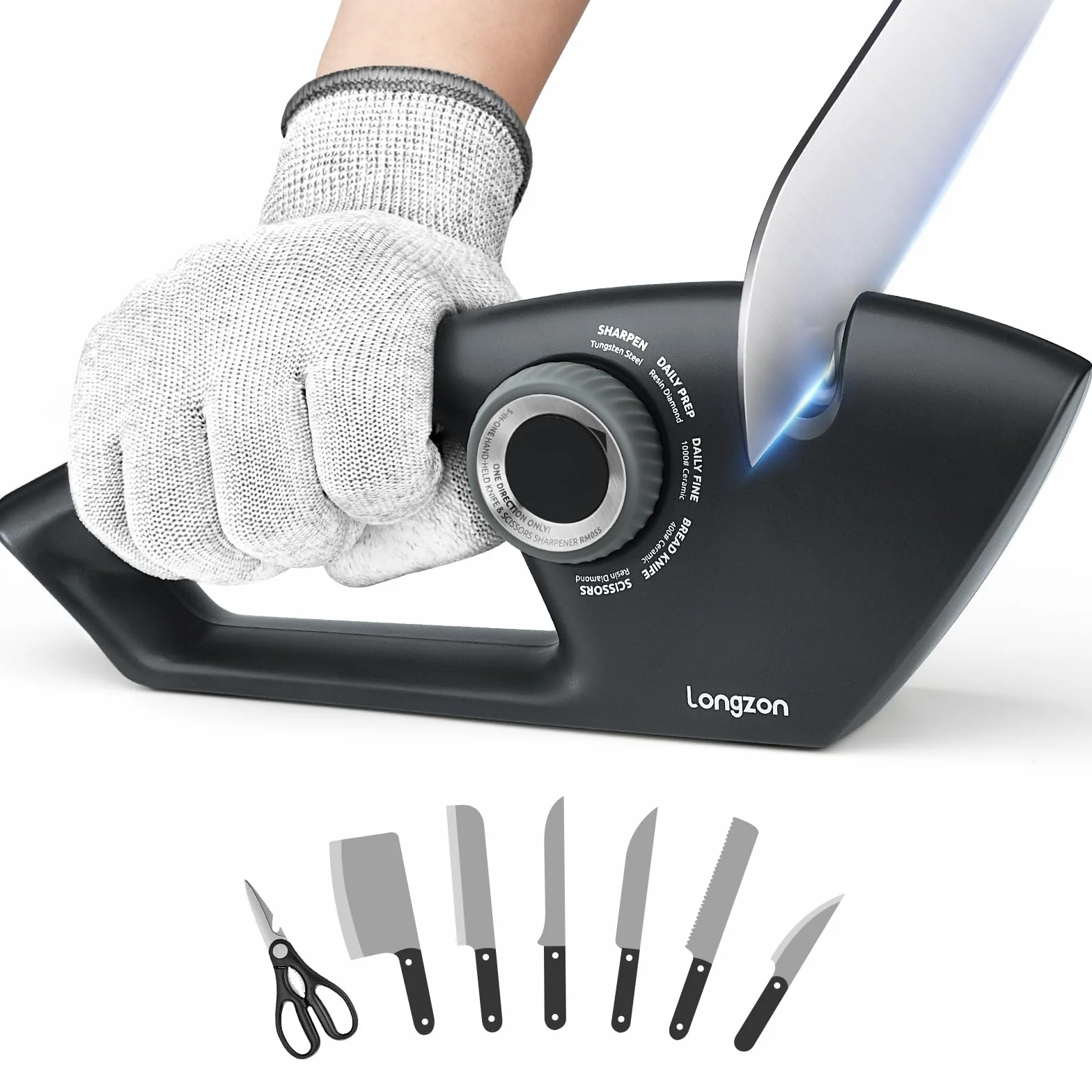 Longzon Aiguiseur Couteaux 5 en 1 Affuteur Couteau Professionnel avec Gants Anti-coupure, Manuel à Bouton Réglable pour Acier et Dentelés