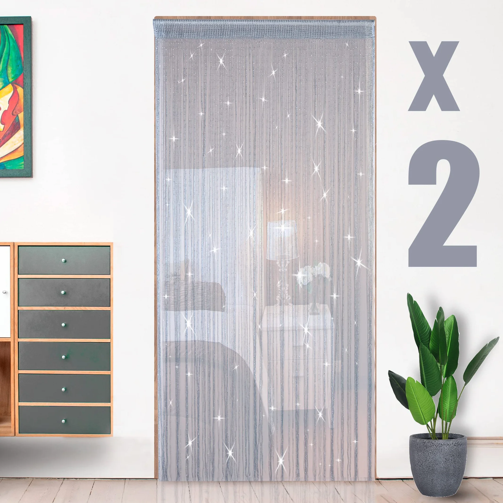 Rideaux Fils Paillette 100x200cm Lot de 2 Argenté Décoration Fenêtre Porte