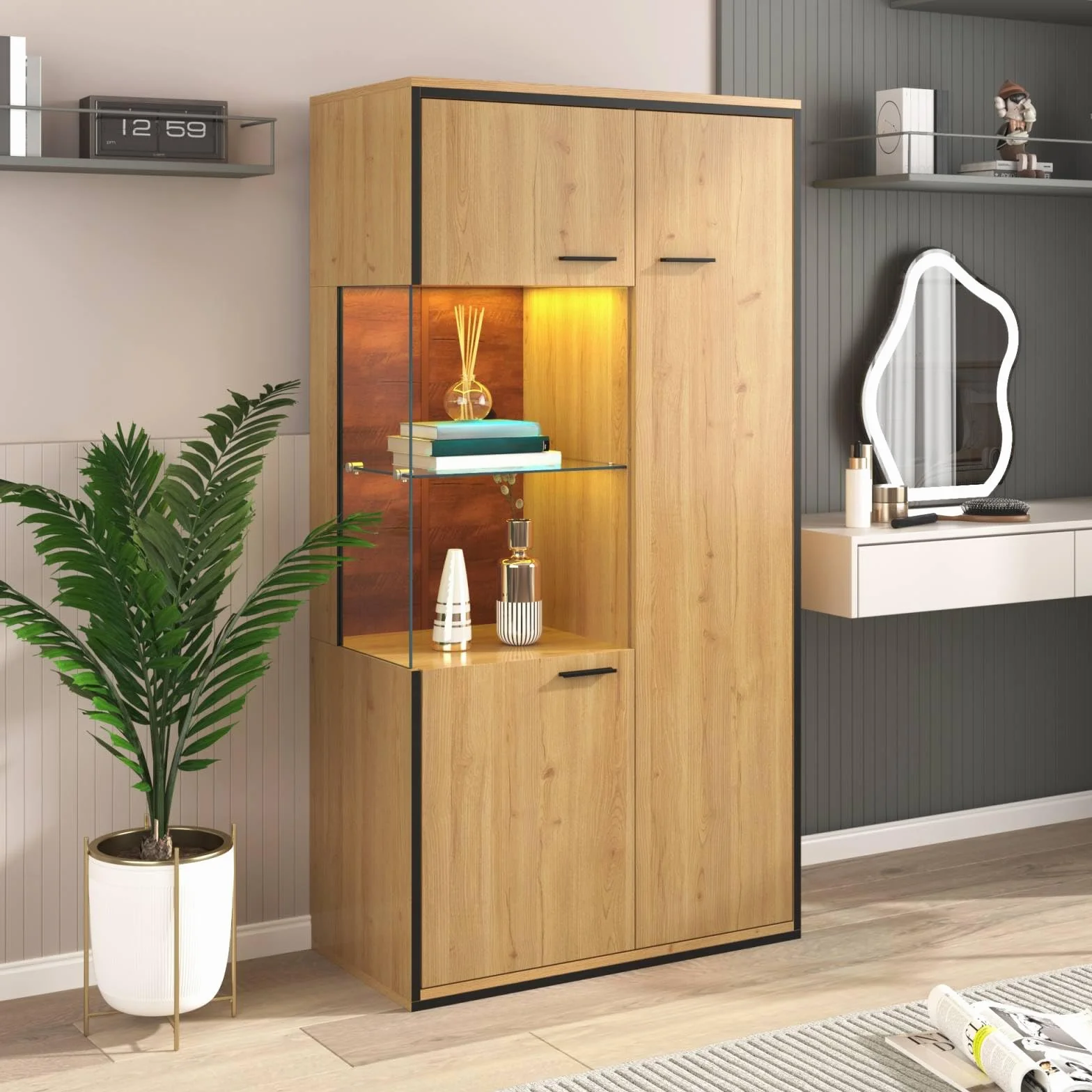 Sweiko Vitrine Moderne éclairage LED,avec Porte en Verre et étagères polyvalentes,15 Options de Couleur,Grand Espace Rangement,étagère en Verre,vitrine,Meuble de présentation,Armoire 150Hx78Bx40Tcm