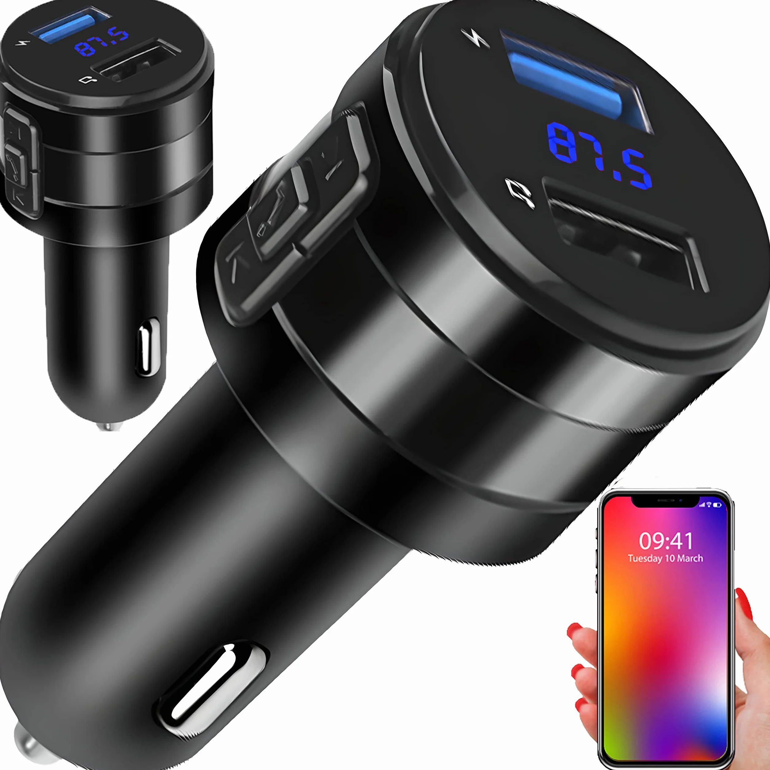 Retoo Adapter Bluetooth, Nadajnik FM Samochodowy, Bezprzewodowy QC 3.0, Szybka Ładowarka, Adapter do Radia FM z Wyświetlaczem i Zestawem Głośnomówiącym