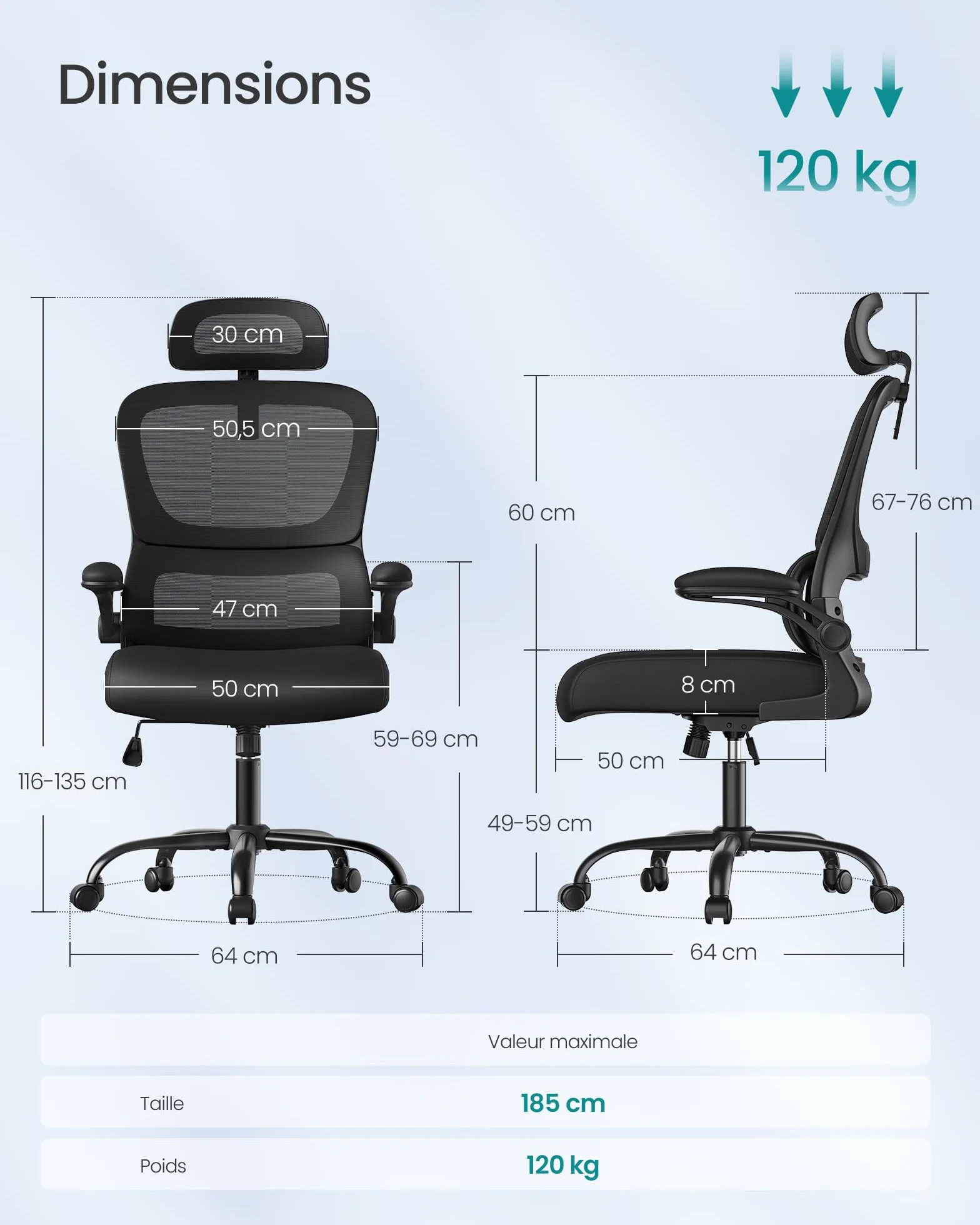 SONGMICS Chaise de Bureau Ergonomique Tissu Maille Respirant Double Couche Soutien Lombaire Adaptatif Appui-Tête Réglable Noir d’Encre