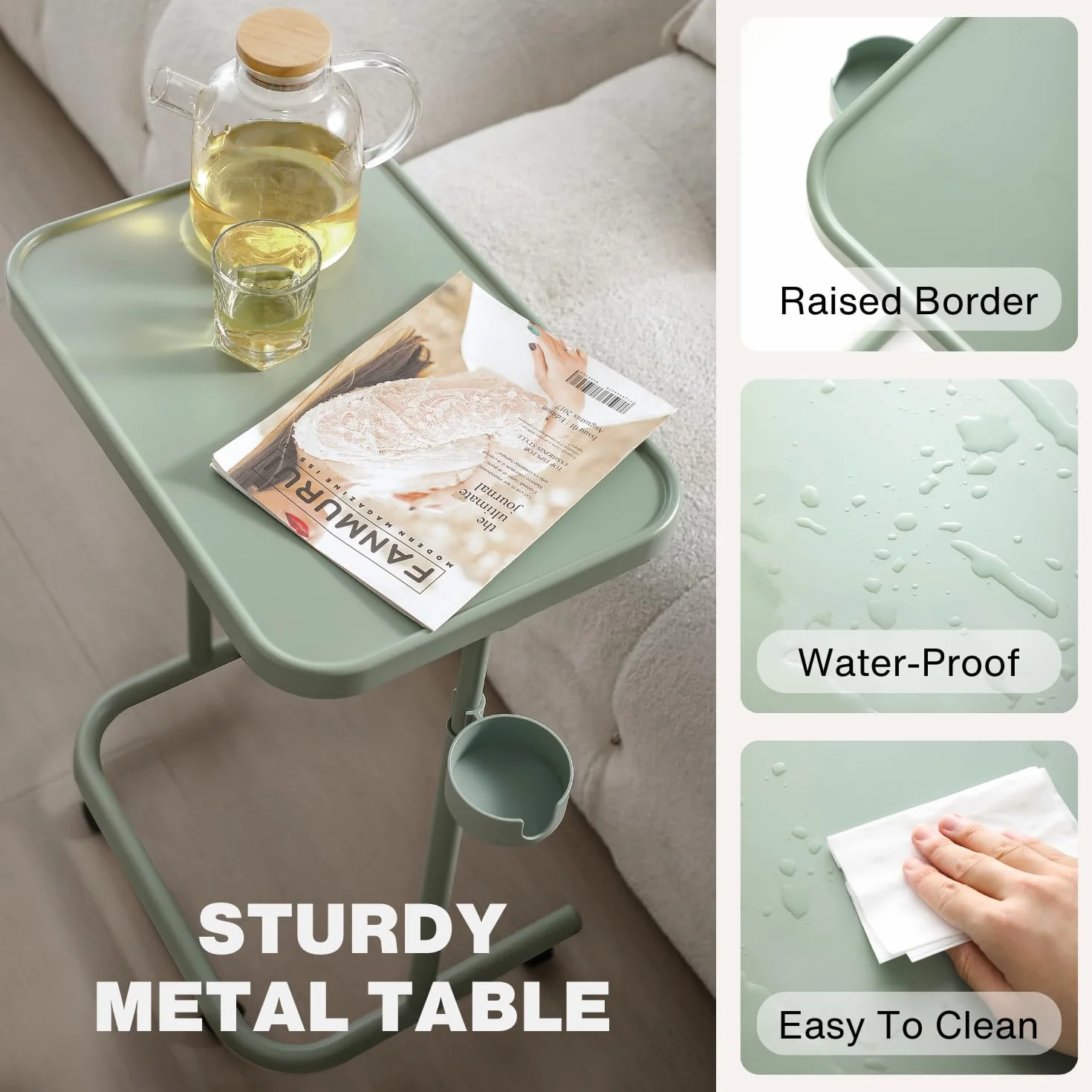 Keepo Plateau TV en métal avec roulettes/roulettes, table d'appoint, plateau de repas réglable, table pour ordinateur portable pliable avec 3 hauteurs, angle d'inclinaison de 0 à 90 degrés, portable
