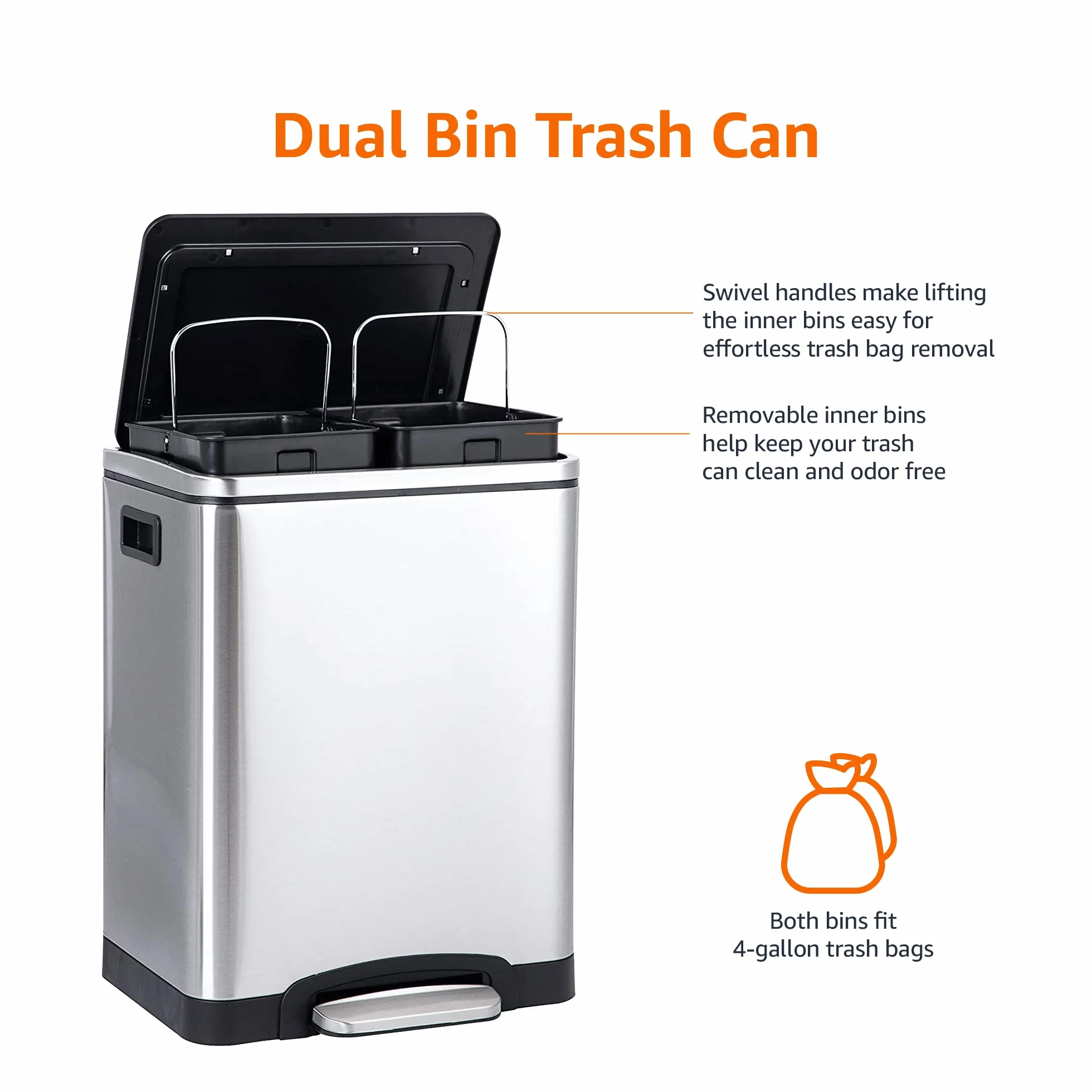 Amazon Basics Poubelle 30 L acier inoxydable avec deux compartiments et pédale, fermeture amortie, rectangulaire satinée