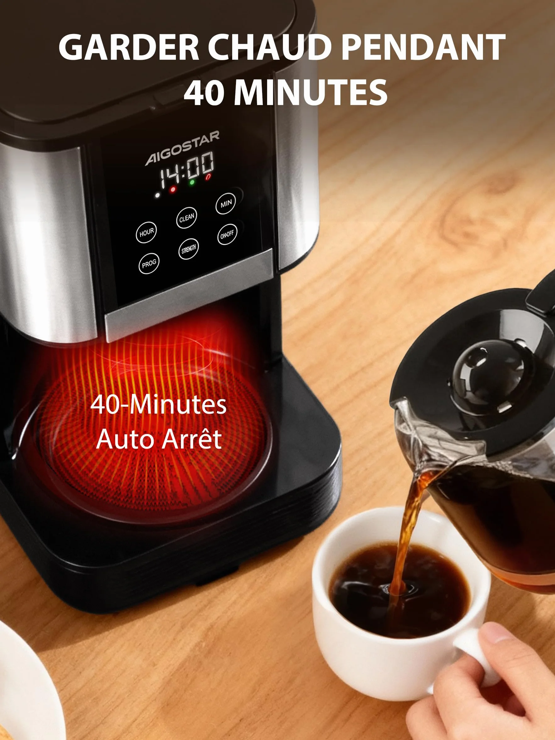 Aigostar Cafetière Filtre Électrique Programmable 24h 12 Tasses 1,5L Acier Inoxydable Réglage Intensité Écran LCD Anti-Goutte Maintien Chaud Auto-Nettoyage 1000W,0% BPA,Noir
