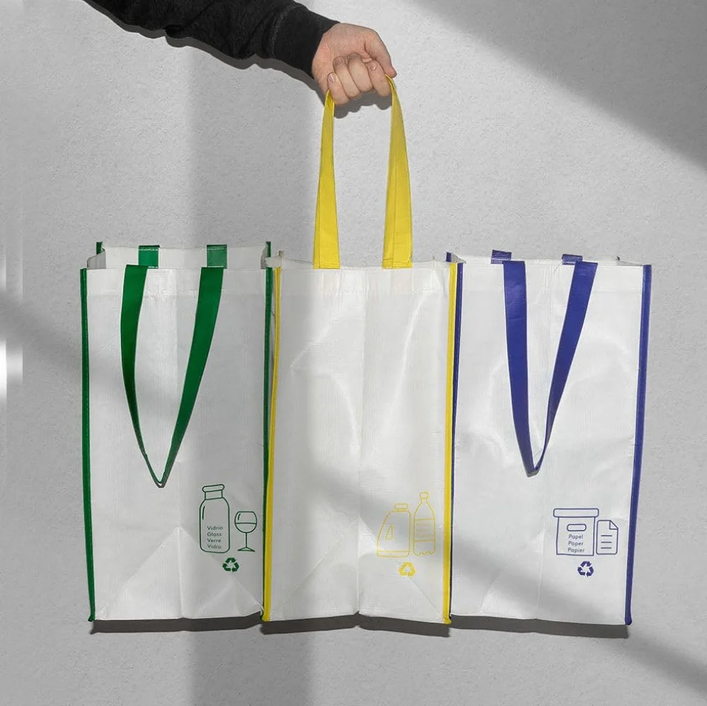 Sacs de recyclage 23L Lot de 3 Bleu Vert Jaune Rubans Poignées Durables Plastique Verre Papier Carton