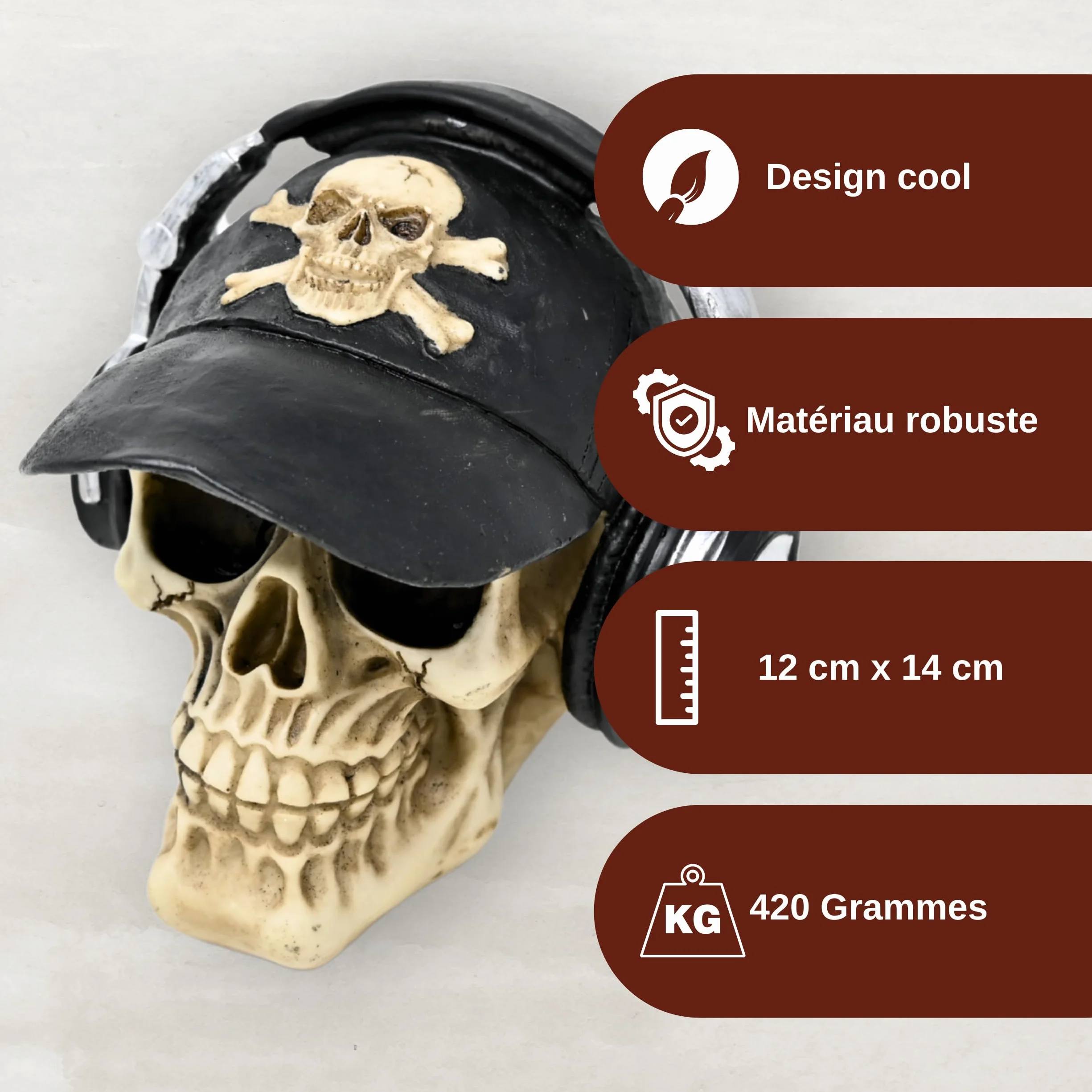 Tête de mort décorative marron avec casquette de baseball - Crâne Dark Romance - Décoration Halloween effrayante