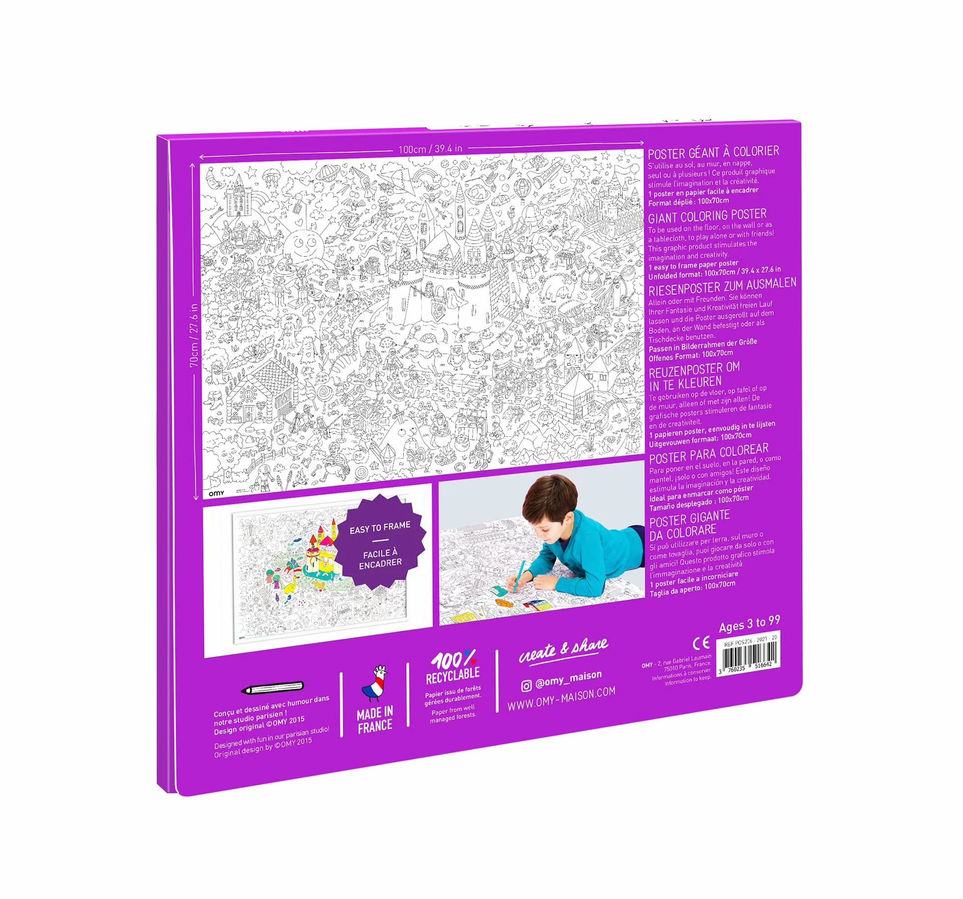 OMY Poster Géant à Colorier Magic 100 x 70 cm Encadrable Papier 120 g/m² Fabriqué en France