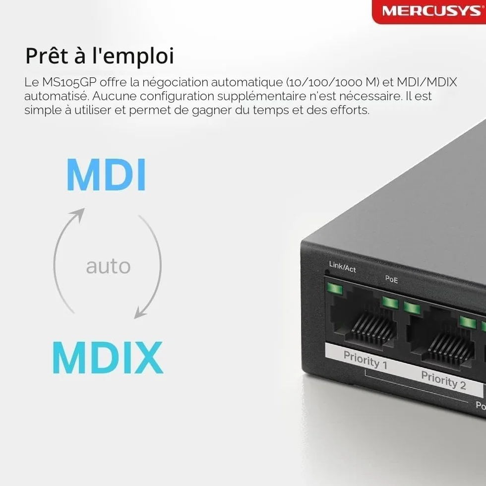 Mercusys TP-Link MS105GP Switch PoE+ 5 ports Gigabit, 4 ports PoE+, 65W, Boitier Métal