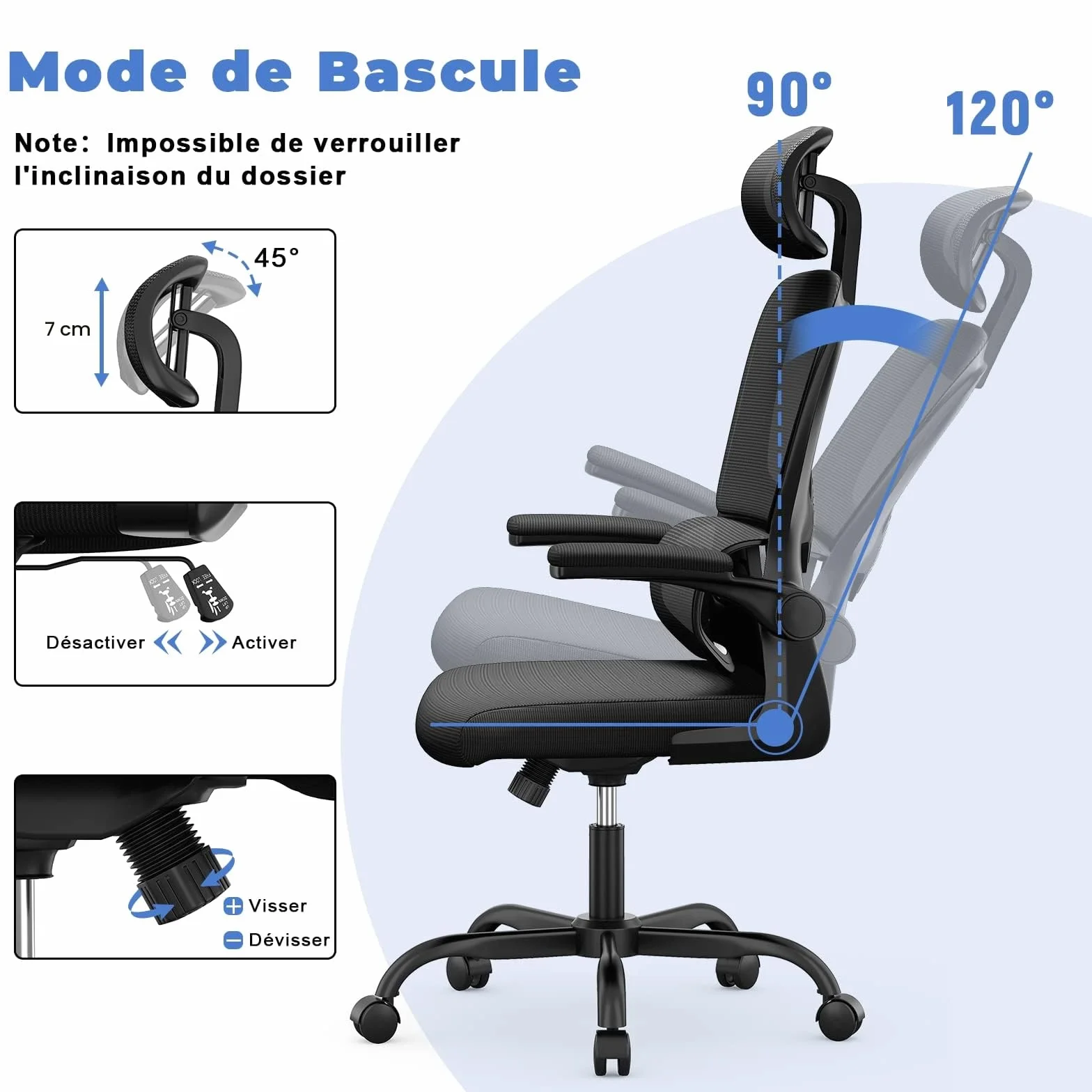 Chaise de Bureau Ergonomique Fauteuil Bureau Support Lombaire Dossier Appui-tête Réglables Accoudoir Réversible Siège Maille Respirante Noir